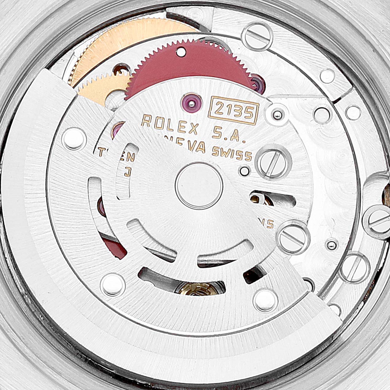This image shows a close-up of the movement mechanism of a Rolex Date 69190 Women's Stainless Steel White Dial 69190 Women's Stainless Steel White Dial model watch.