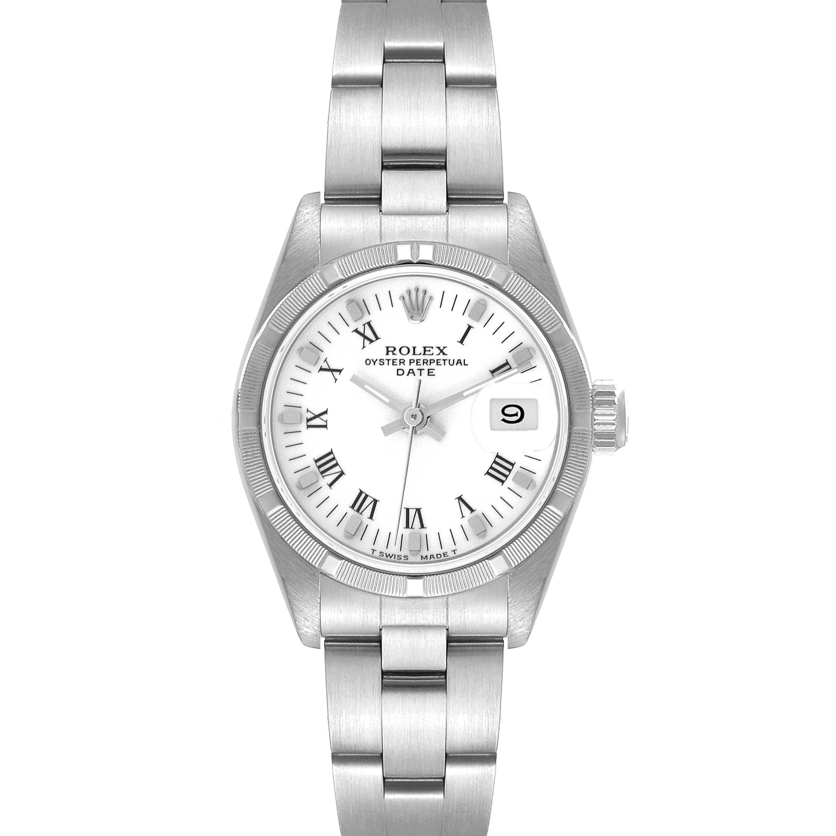 This Rolex Date 69190 Women's Stainless Steel White Dial 69190 Women's Stainless Steel White Dial model watch is shown from a top-down angle, displaying its dial, bezel, and bracelet.