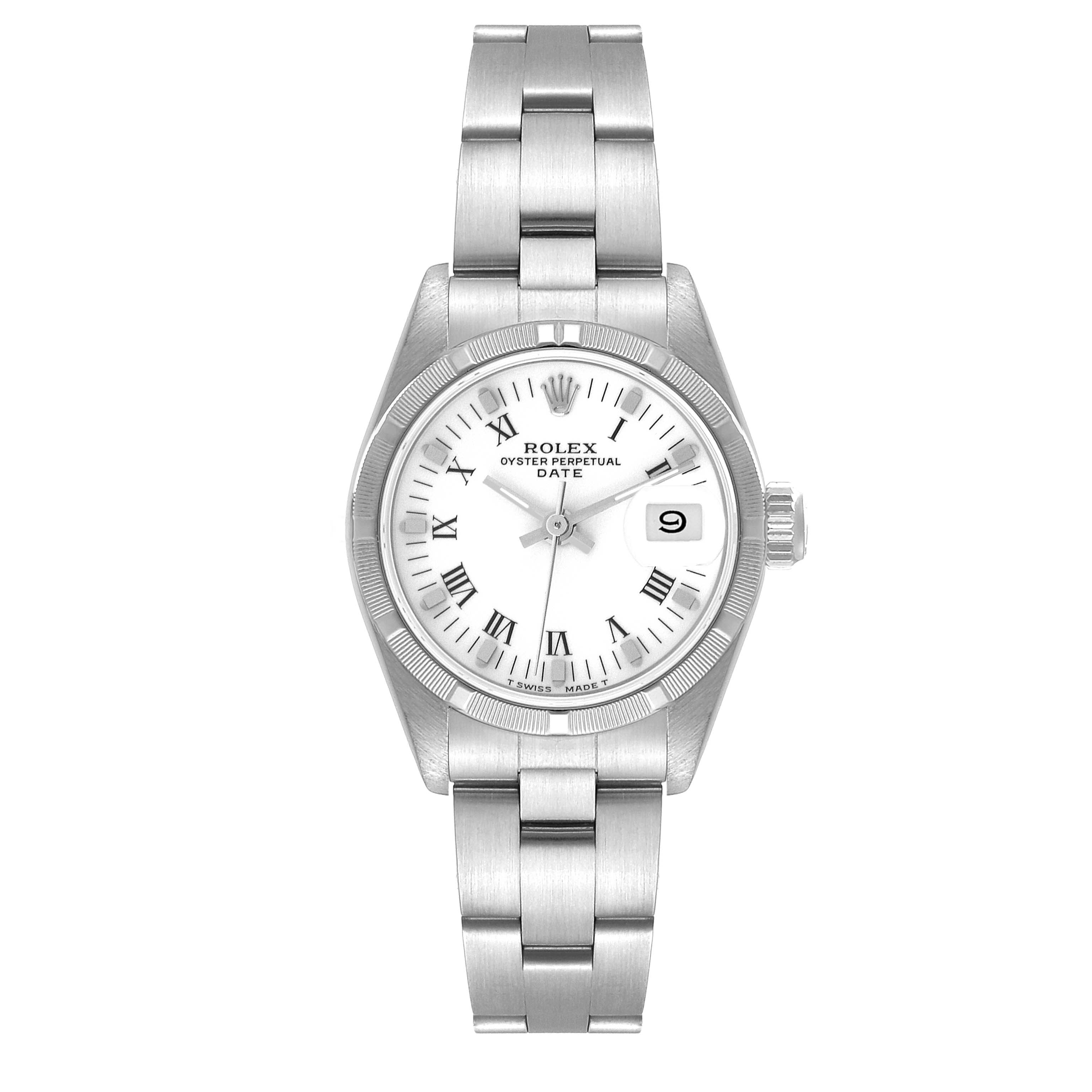The Rolex Date 69190 Women's Stainless Steel White Dial 69190 Women's Stainless Steel White Dial model is shown from a top-down angle, displaying its bracelet, face, hands, and date window.