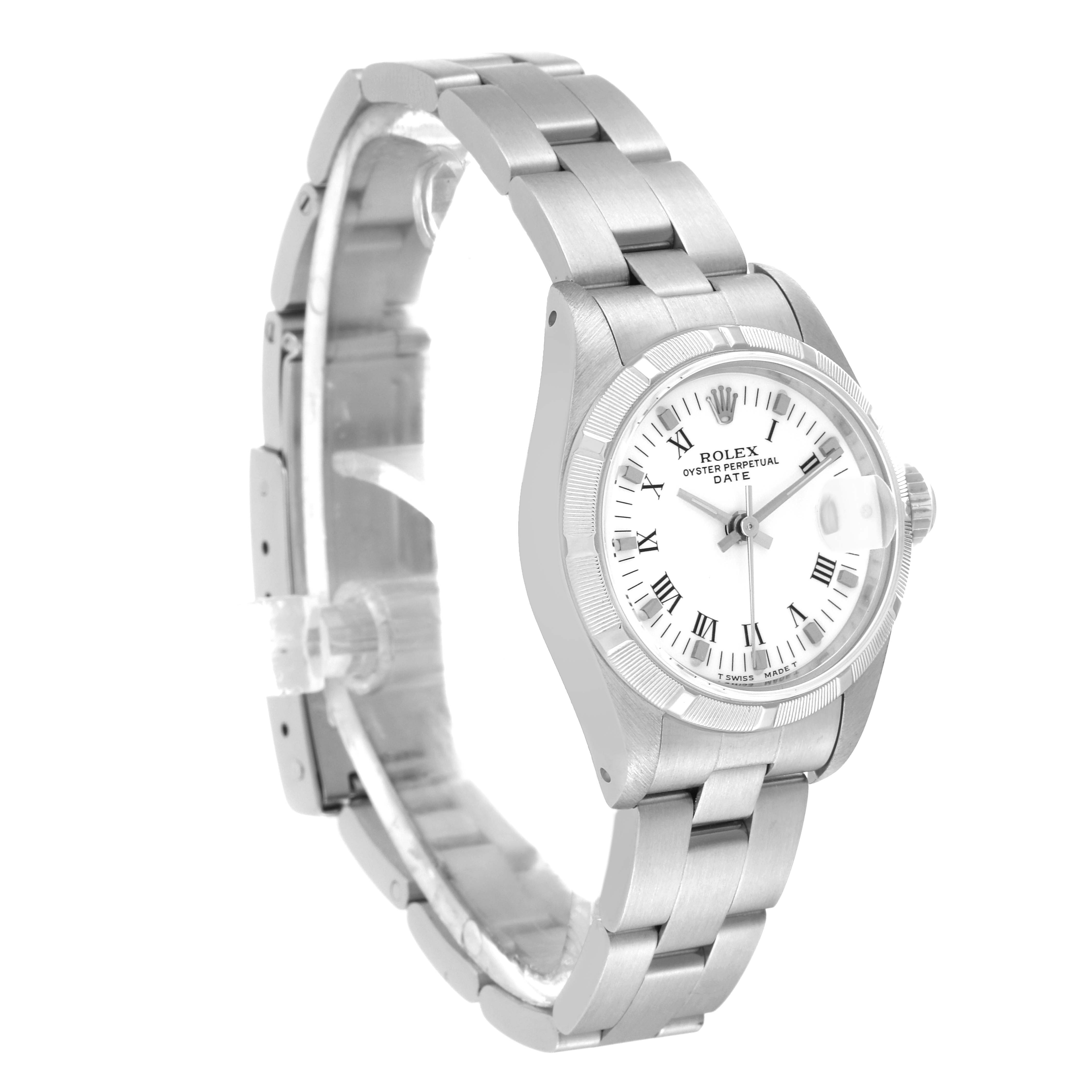 The Rolex Date 69190 Women's Stainless Steel White Dial 69190 Women's Stainless Steel White Dial model watch is shown at a three-quarter angle, highlighting the face, bracelet, and clasp partially.