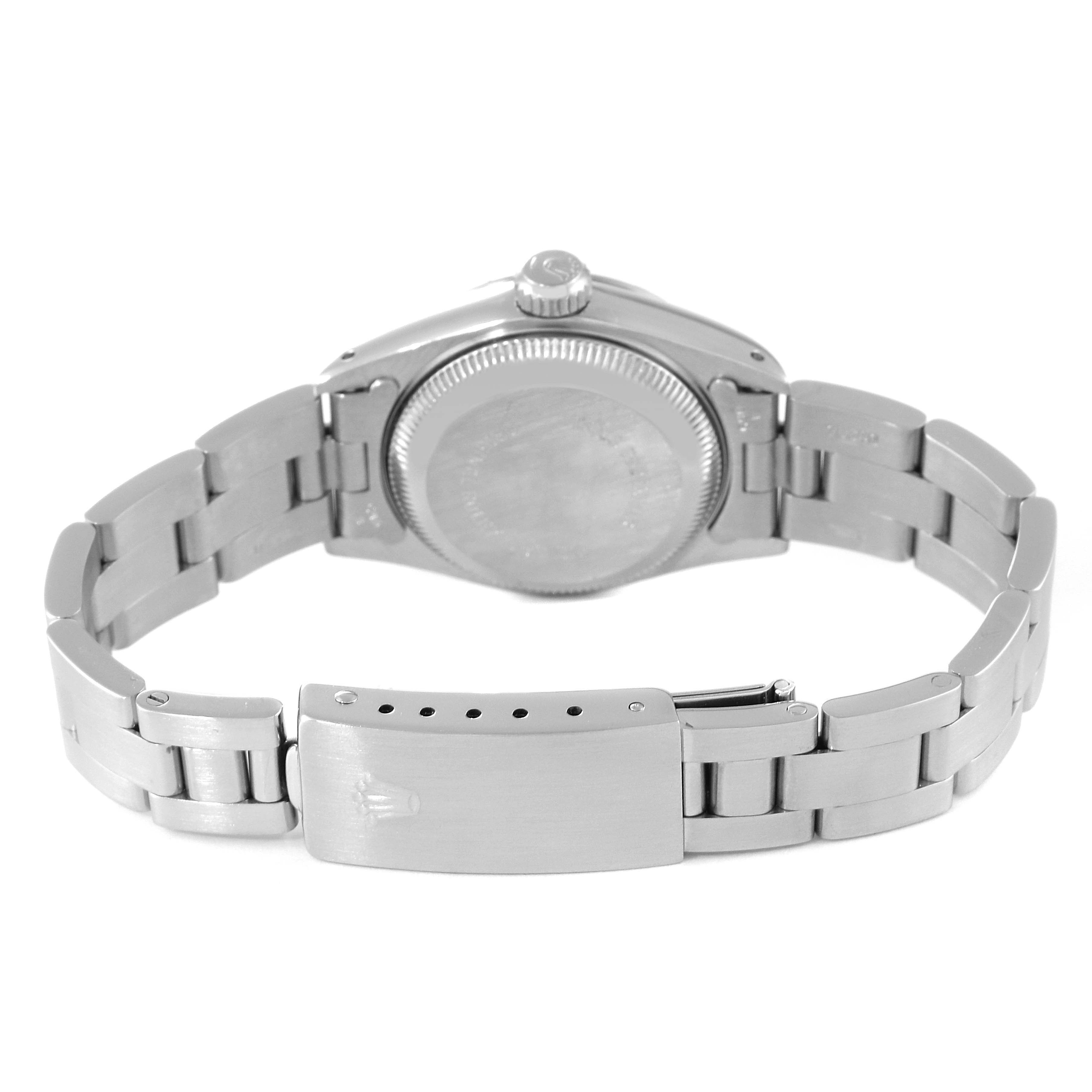 This image shows the back and clasp of a Rolex Date 69190 Women's Stainless Steel White Dial 69190 Women's Stainless Steel White Dial model watch.