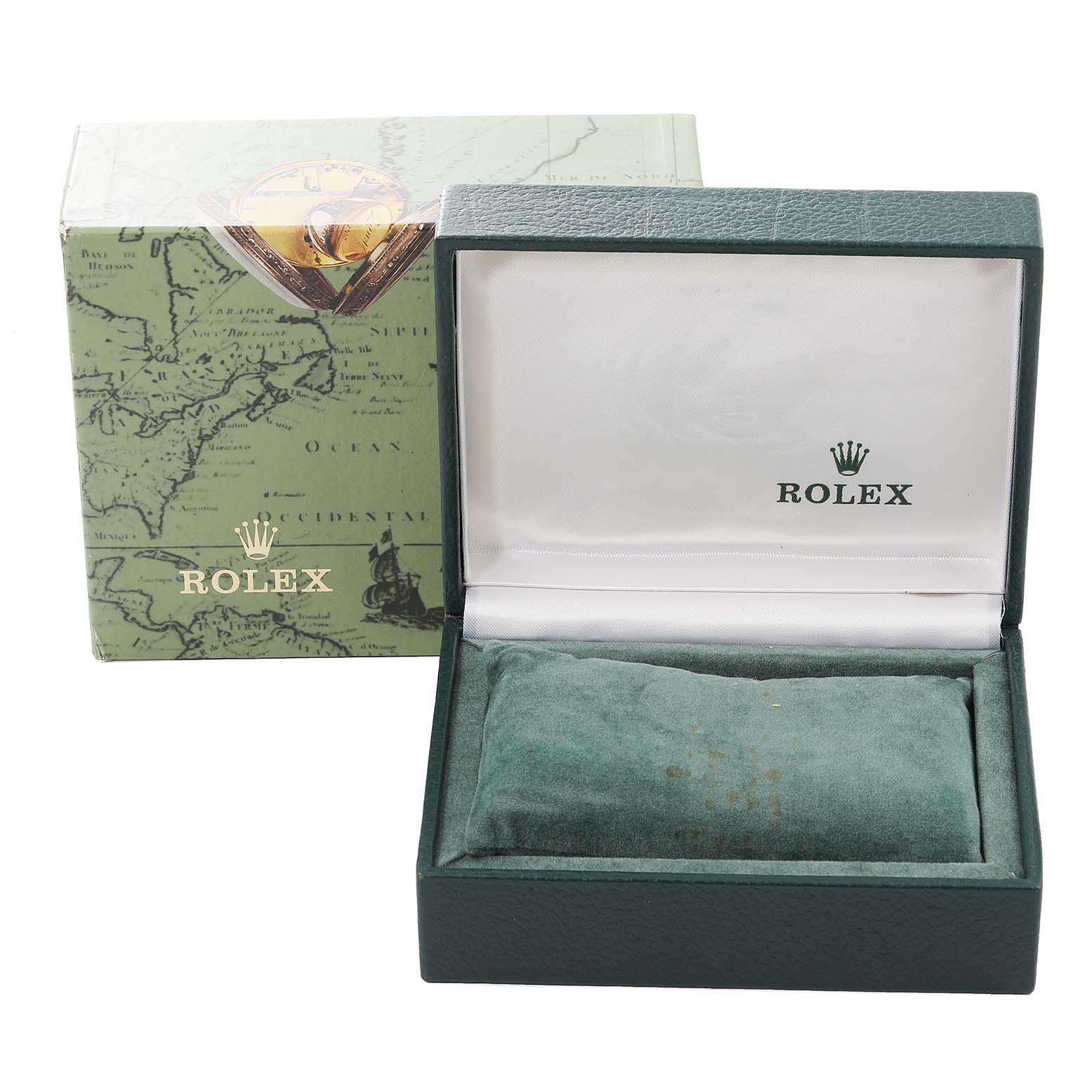 The image shows a Rolex Date 69190 Women's Stainless Steel White Dial 69190 Women's Stainless Steel White Dial model watch box and its open case, displaying the interior cushion and Rolex branding.