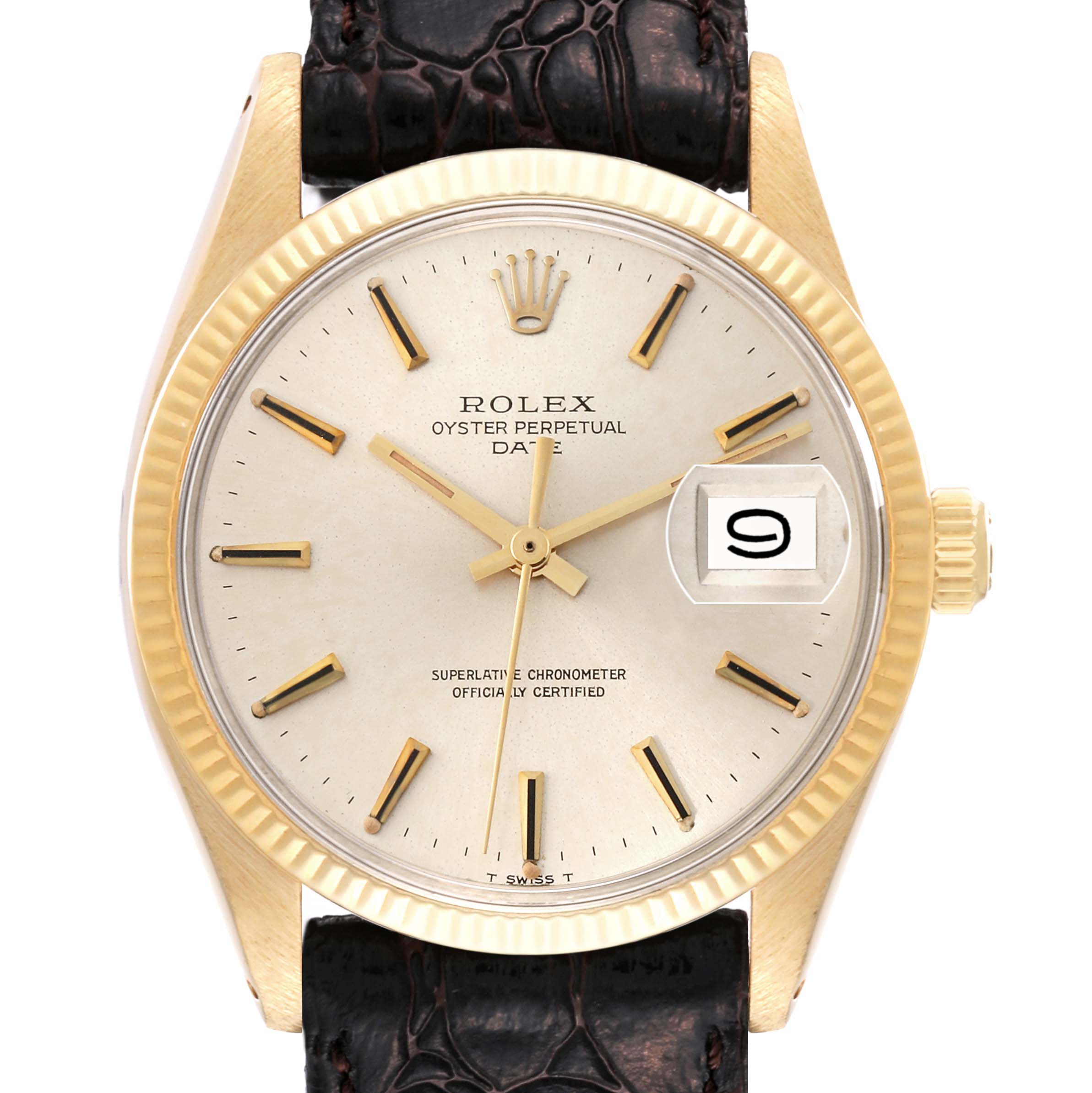 The image shows a front view of the Rolex Vintage Collection 1503 Men's Yellow Gold Champagne Dial 1503 Men's Yellow Gold Champagne Dial Oyster Perpetual Date watch with a gold bezel and date display.