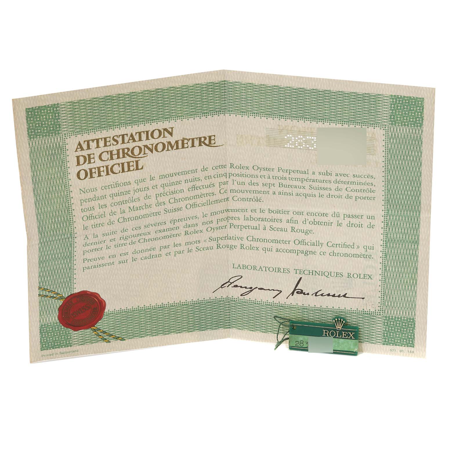 The image shows an official chronometer certificate for a Rolex Vintage Collection 1503 Men's Yellow Gold Champagne Dial 1503 Men's Yellow Gold Champagne Dial model, displayed at an oblique angle.