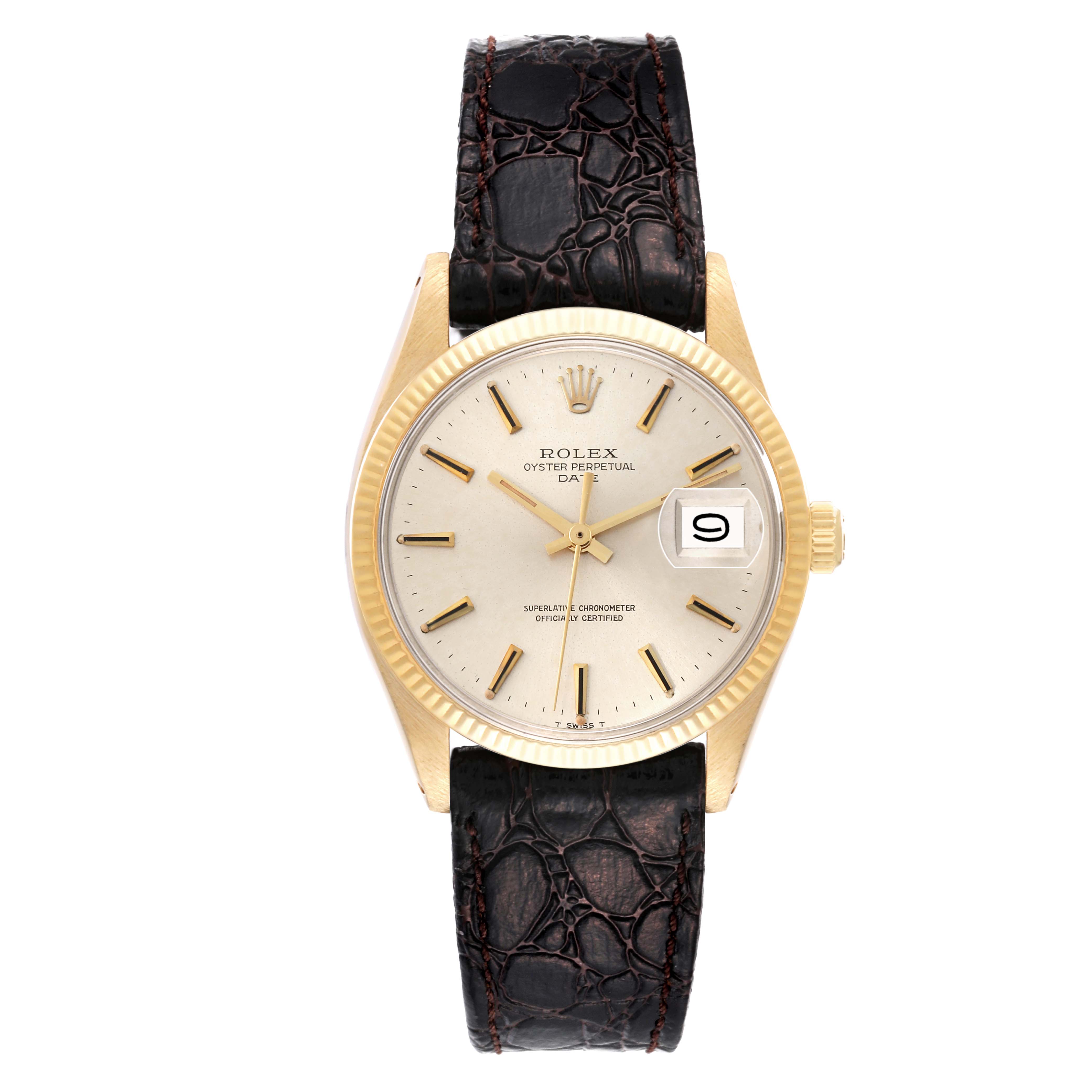 The Rolex Vintage Collection 1503 Men's Yellow Gold Champagne Dial 1503 Men's Yellow Gold Champagne Dial model is shown from a front angle, highlighting the dial, hands, bezel, and leather strap.