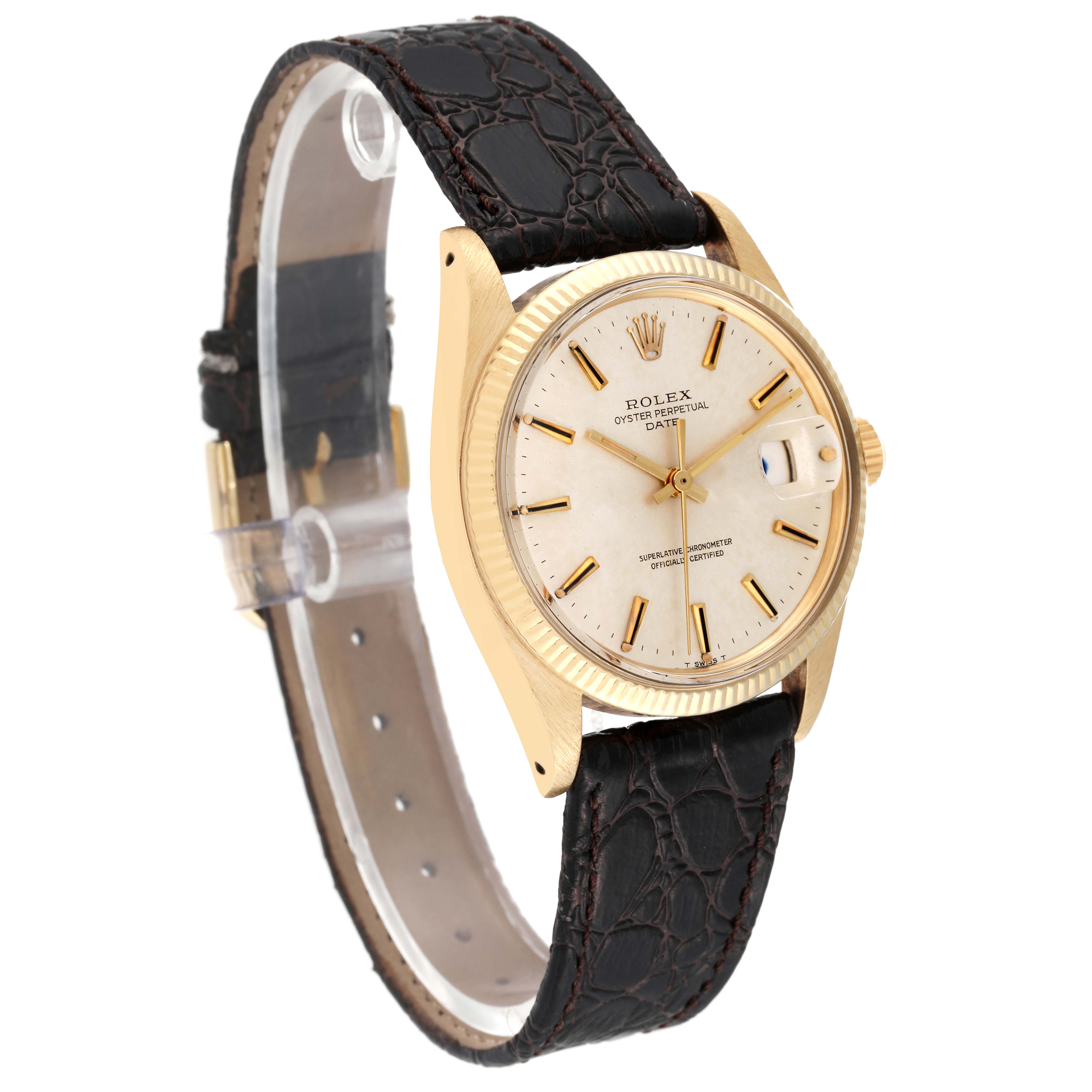 The Rolex Vintage Collection 1503 Men's Yellow Gold Champagne Dial 1503 Men's Yellow Gold Champagne Dial model is shown at an oblique angle, displaying its face, crown, and leather strap.