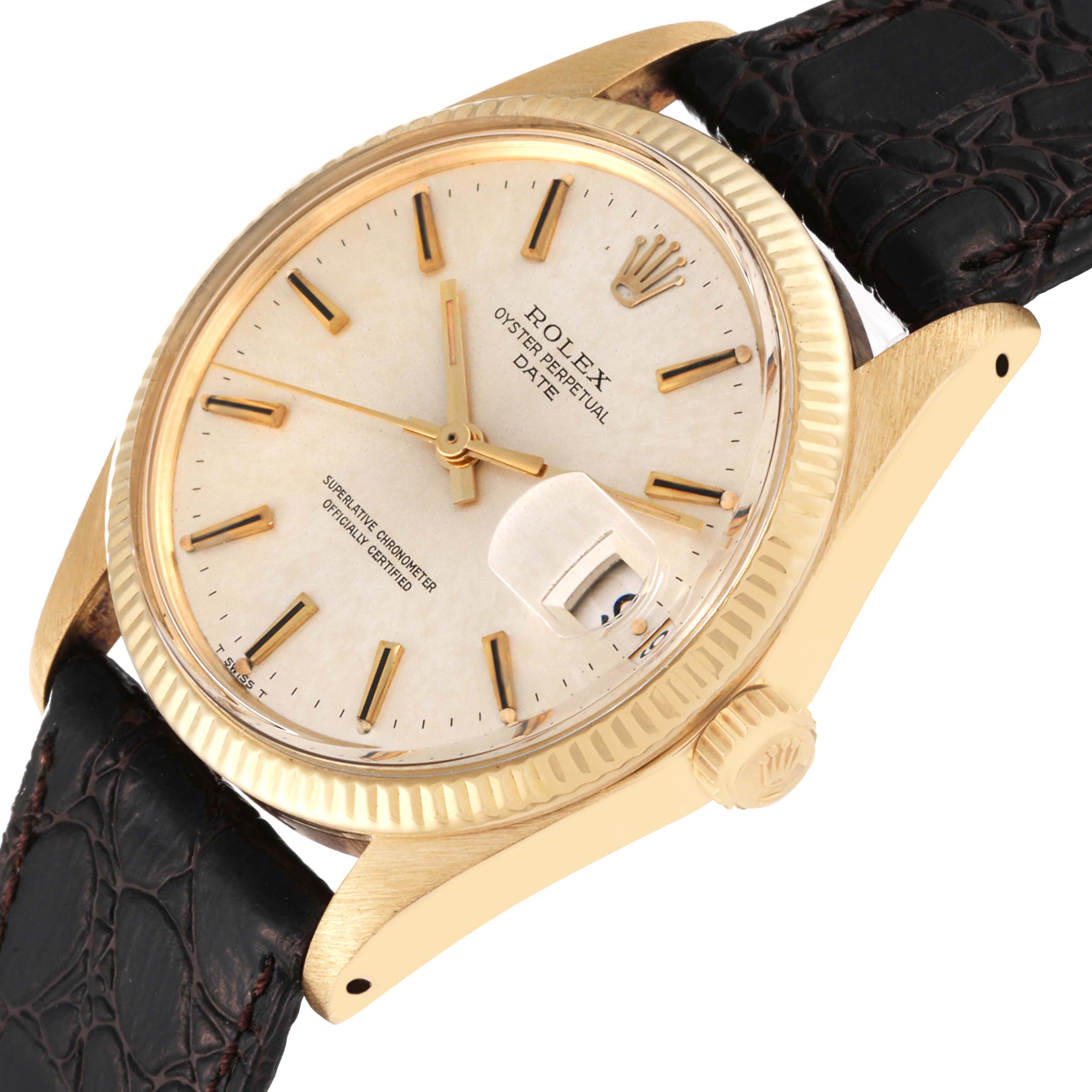 The image shows a Rolex Vintage Collection 1503 Men's Yellow Gold Champagne Dial 1503 Men's Yellow Gold Champagne Dial watch at a slight angle, highlighting the dial, bezel, and crown with a leather strap.