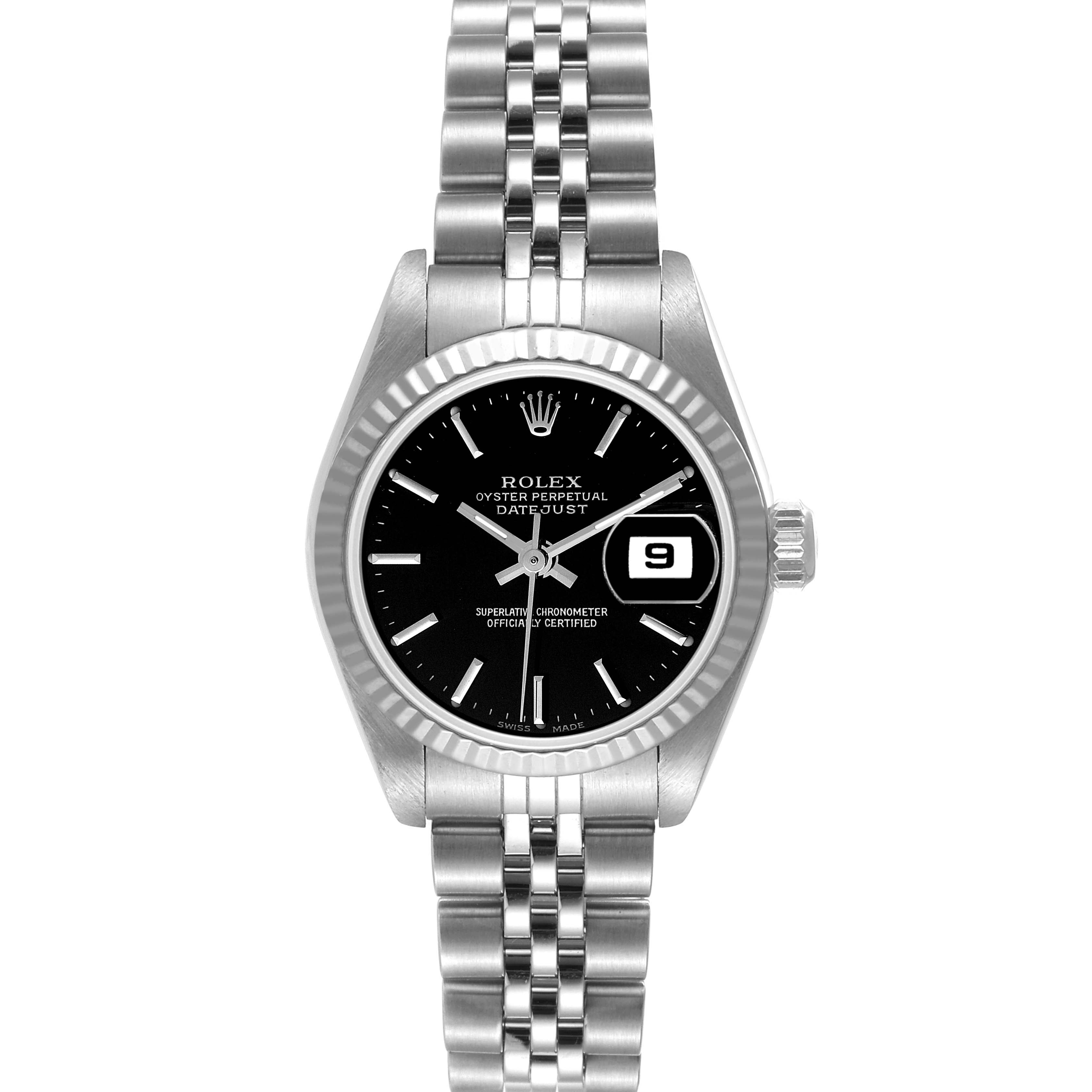 The image shows a front view of a Rolex Datejust 79174 Women's Stainless Steel Black Dial 79174 Women's Stainless Steel Black Dial watch, highlighting its black dial, fluted bezel, and Jubilee bracelet.