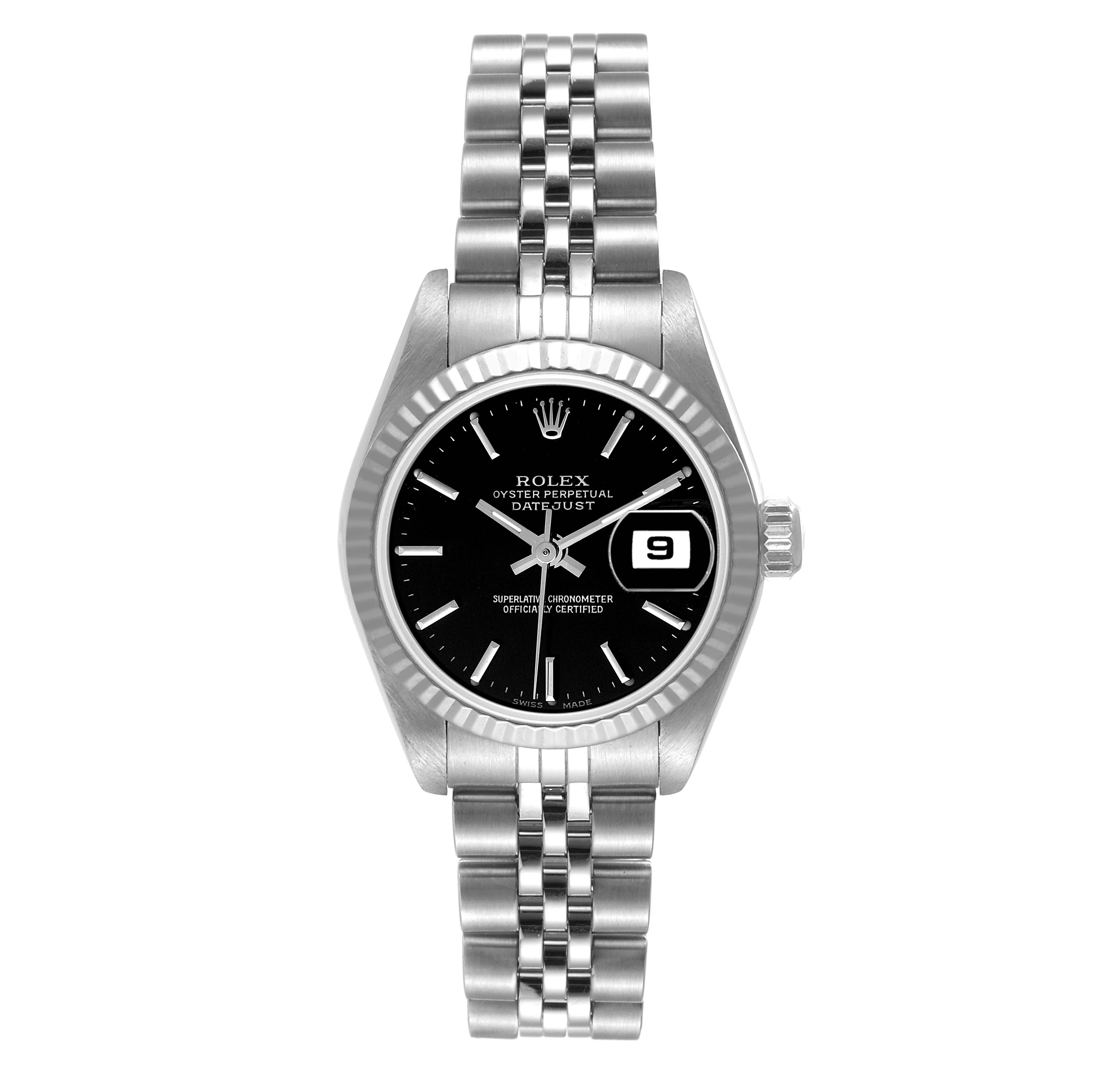 The Rolex Datejust 79174 Women's Stainless Steel Black Dial 79174 Women's Stainless Steel Black Dial watch is shown from a front angle, clearly displaying its bracelet, bezel, dial, and date window.
