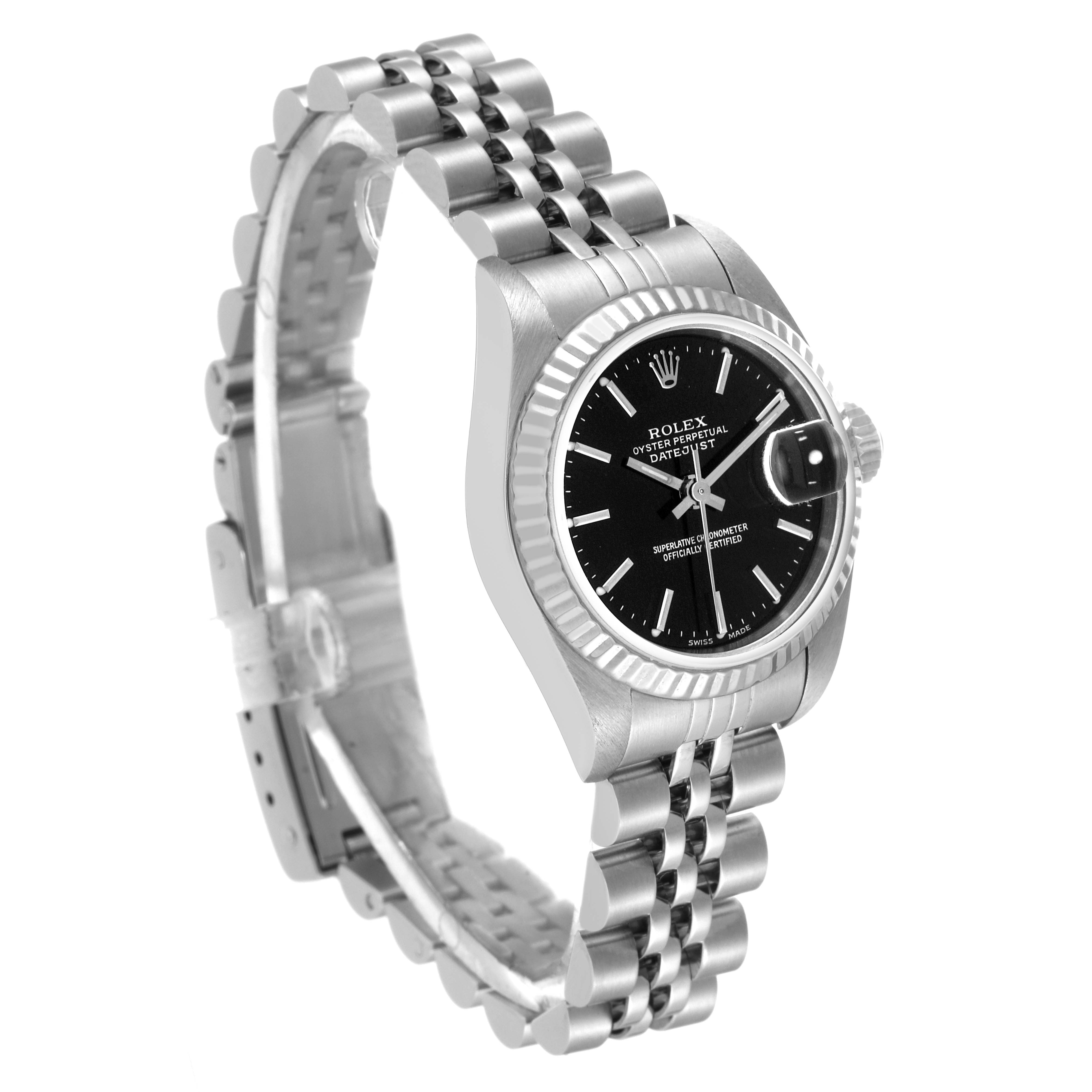The Rolex Datejust 79174 Women's Stainless Steel Black Dial 79174 Women's Stainless Steel Black Dial watch is shown at a three-quarter angle, displaying the black dial, bezel, and Jubilee bracelet.