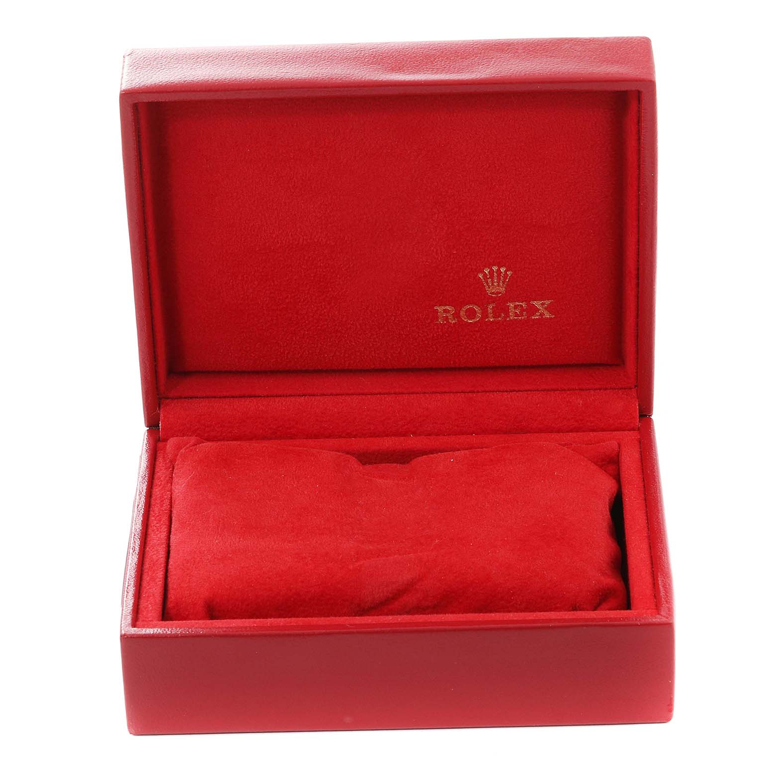 This image shows a red velvet box for a Rolex Datejust 79174 Women's Stainless Steel Black Dial 79174 Women's Stainless Steel Black Dial model watch, with the lid open displaying the brand logo.