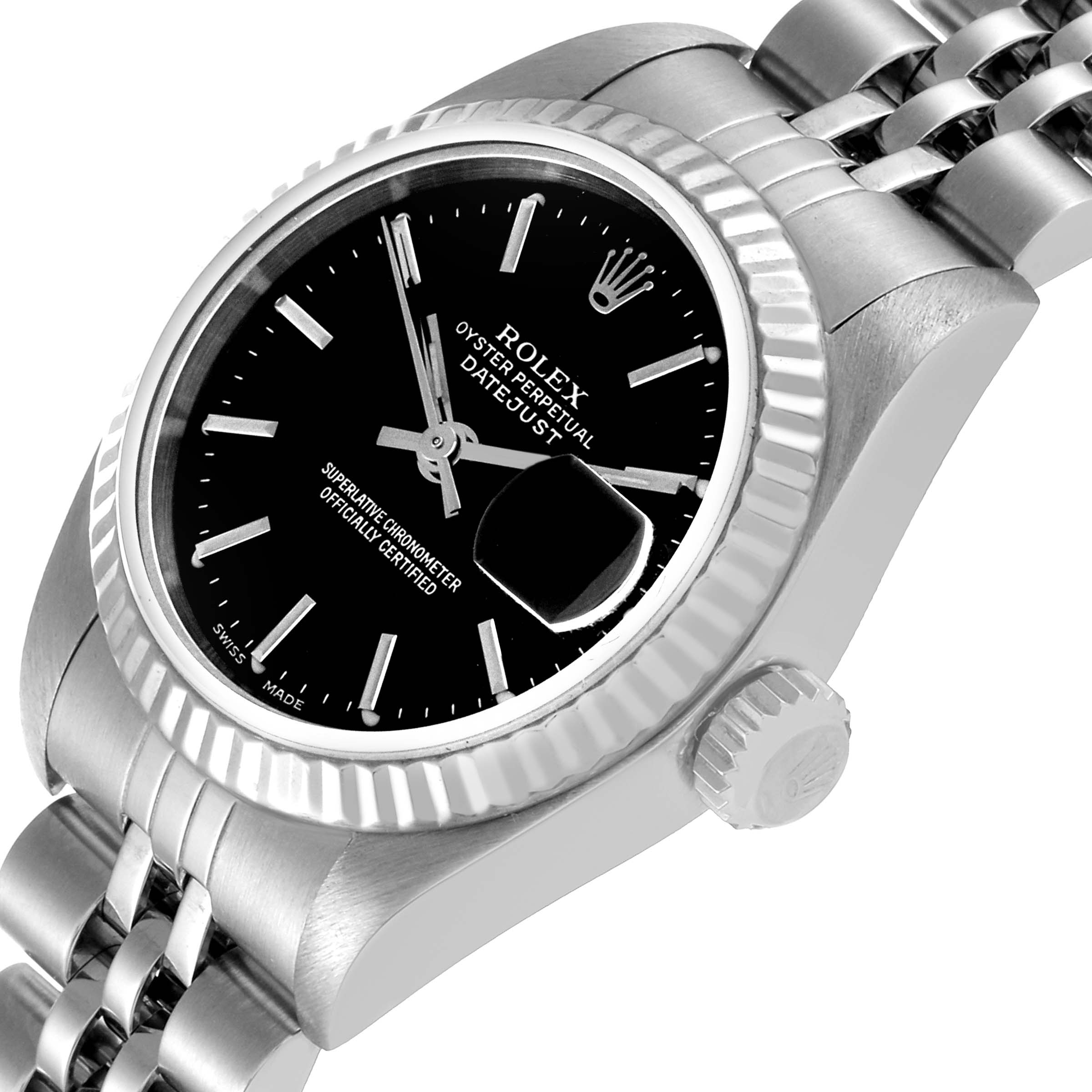 The image shows a close-up view of the Rolex Datejust 79174 Women's Stainless Steel Black Dial 79174 Women's Stainless Steel Black Dial watch, highlighting its black dial, fluted bezel, and part of the bracelet.
