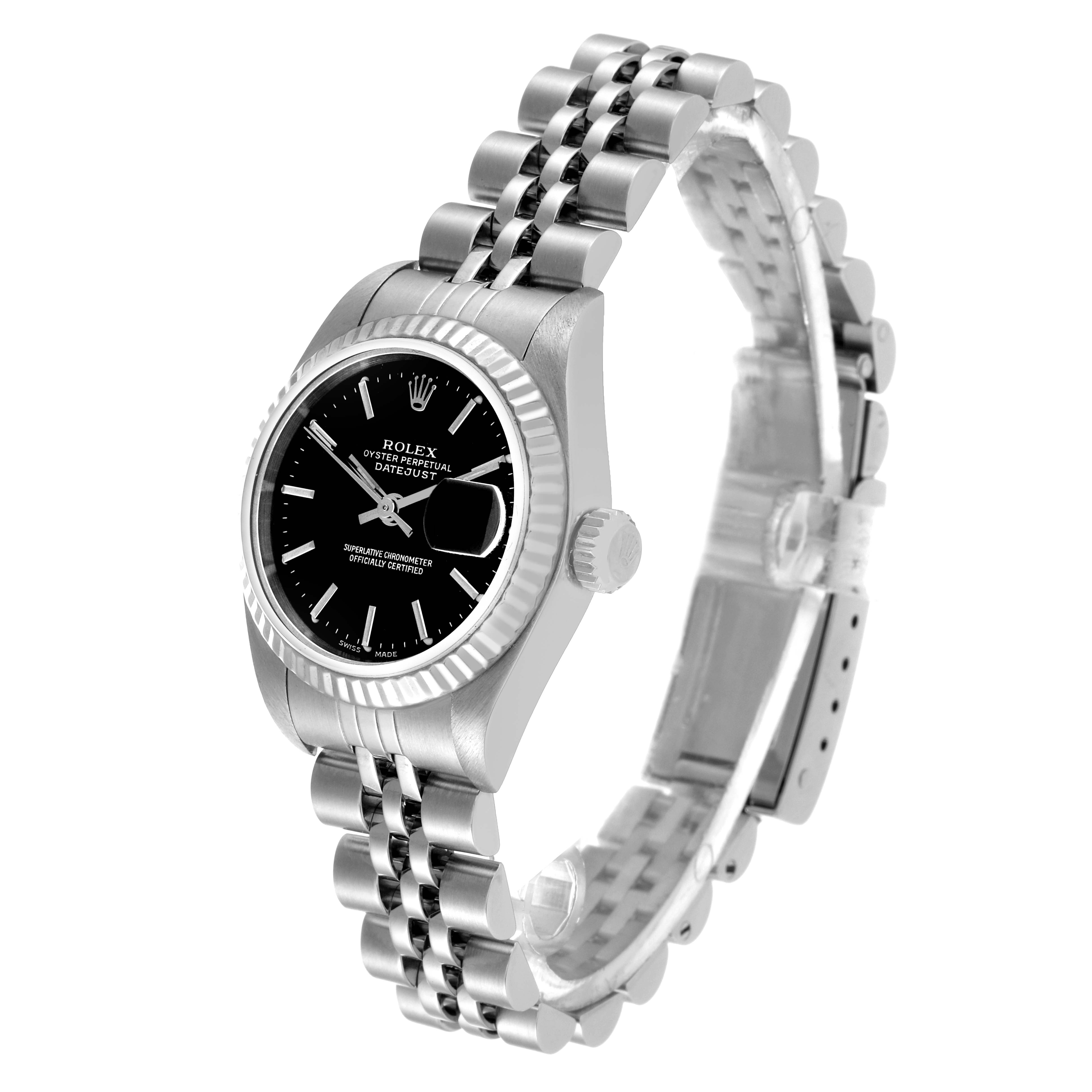 The Rolex Datejust 79174 Women's Stainless Steel Black Dial 79174 Women's Stainless Steel Black Dial watch is shown at an angle highlighting the dial, crown, fluted bezel, and Jubilee bracelet.
