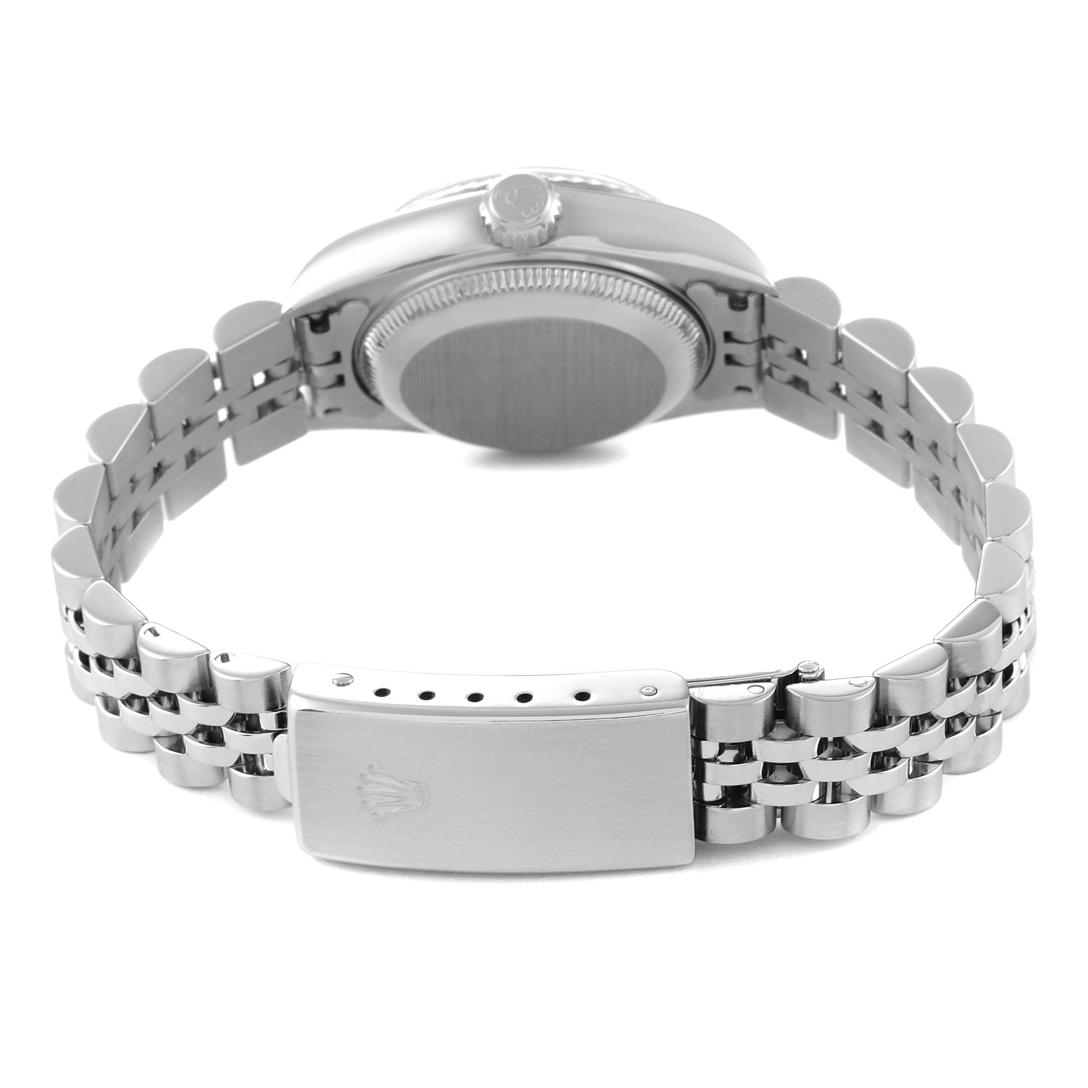 The image shows the back view of a Rolex Datejust 79174 Women's Stainless Steel Black Dial 79174 Women's Stainless Steel Black Dial watch, focusing on the closed clasp and bracelet.