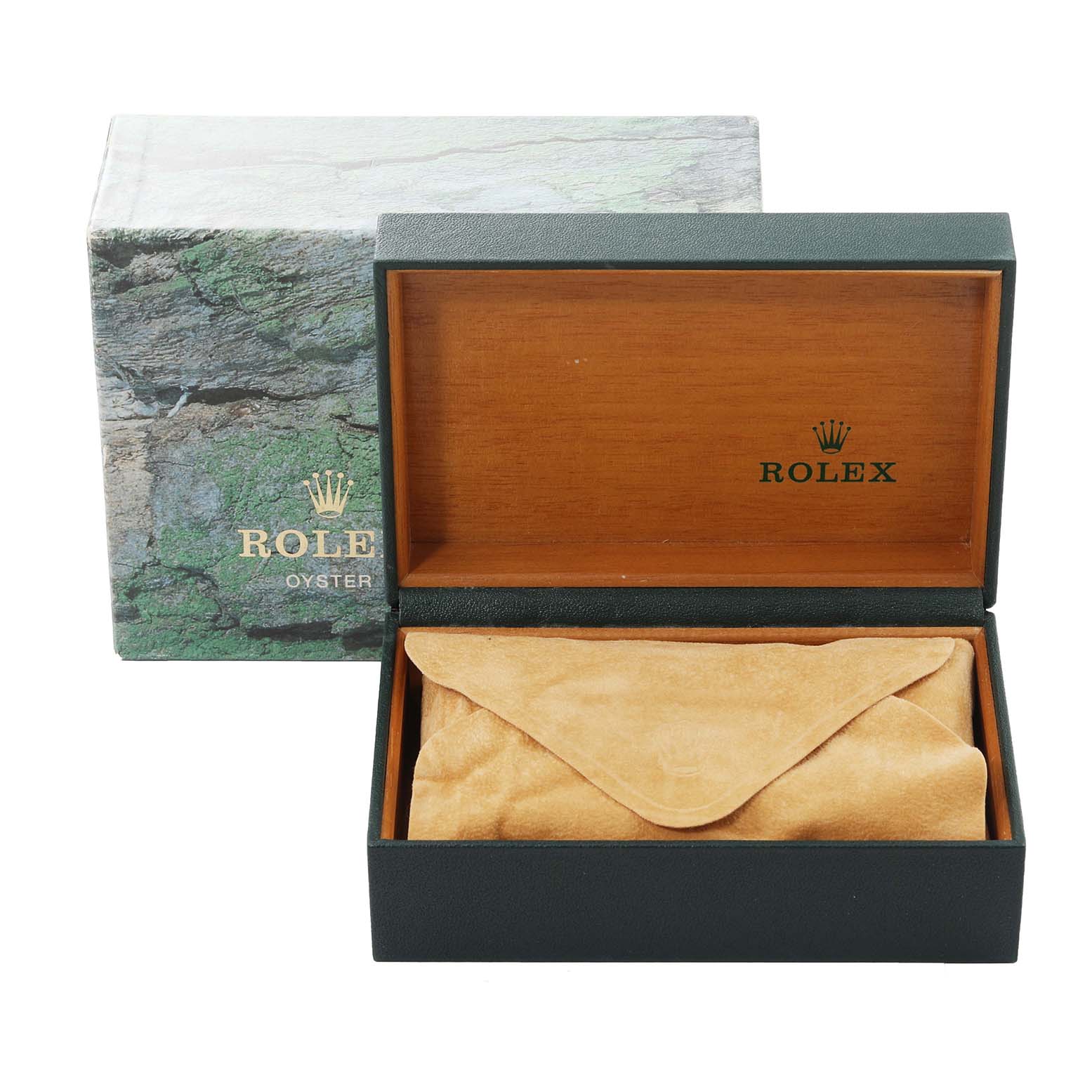 This image shows the packaging for a Rolex Datejust 16234 Men's Stainless Steel Silver Dial 16234 Men's Stainless Steel Silver Dial watch, including the outer box, inner wooden box, and suede pouch.