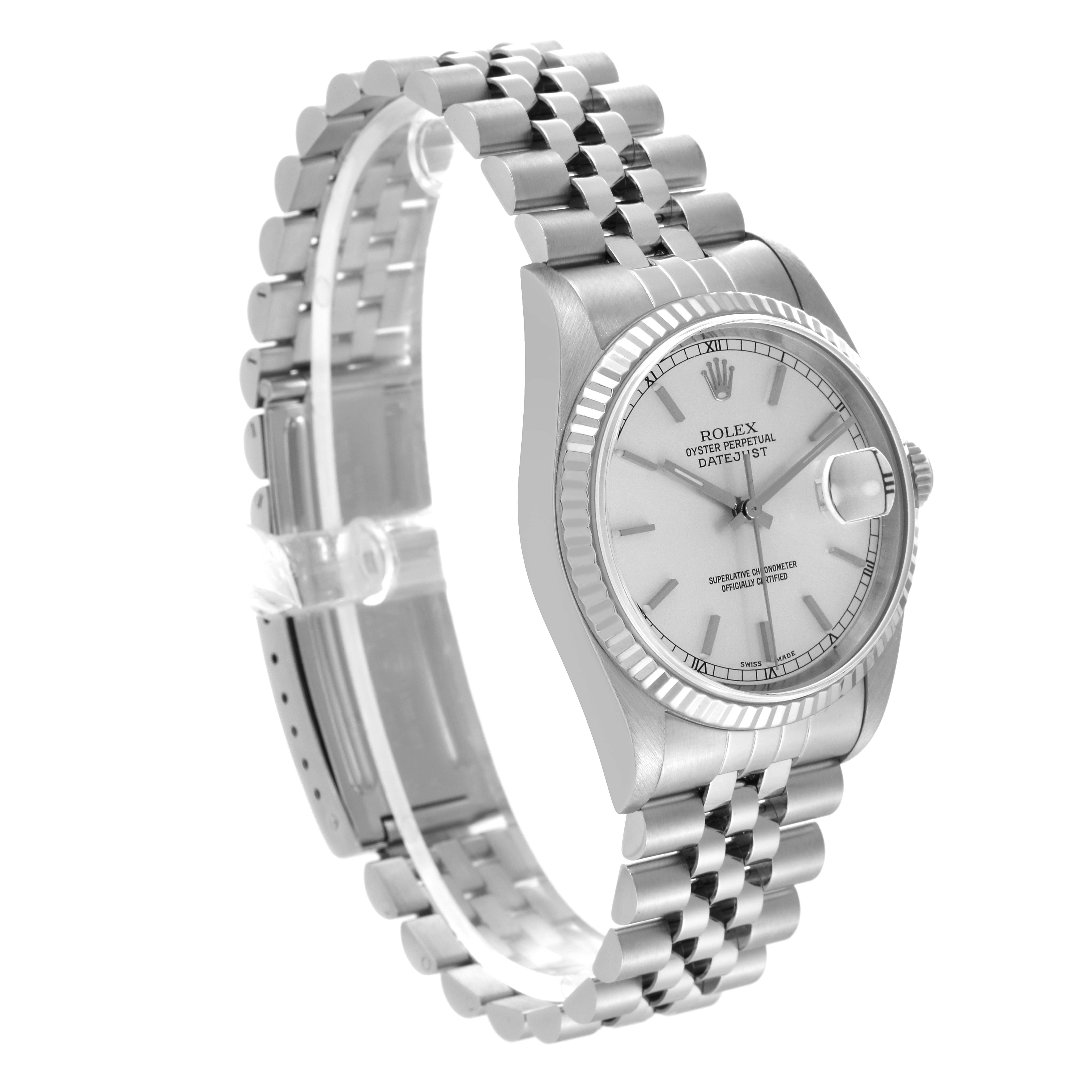 This image shows a Rolex Datejust 16234 Men's Stainless Steel Silver Dial 16234 Men's Stainless Steel Silver Dial watch at a three-quarter angle, highlighting its face, bezel, and bracelet.