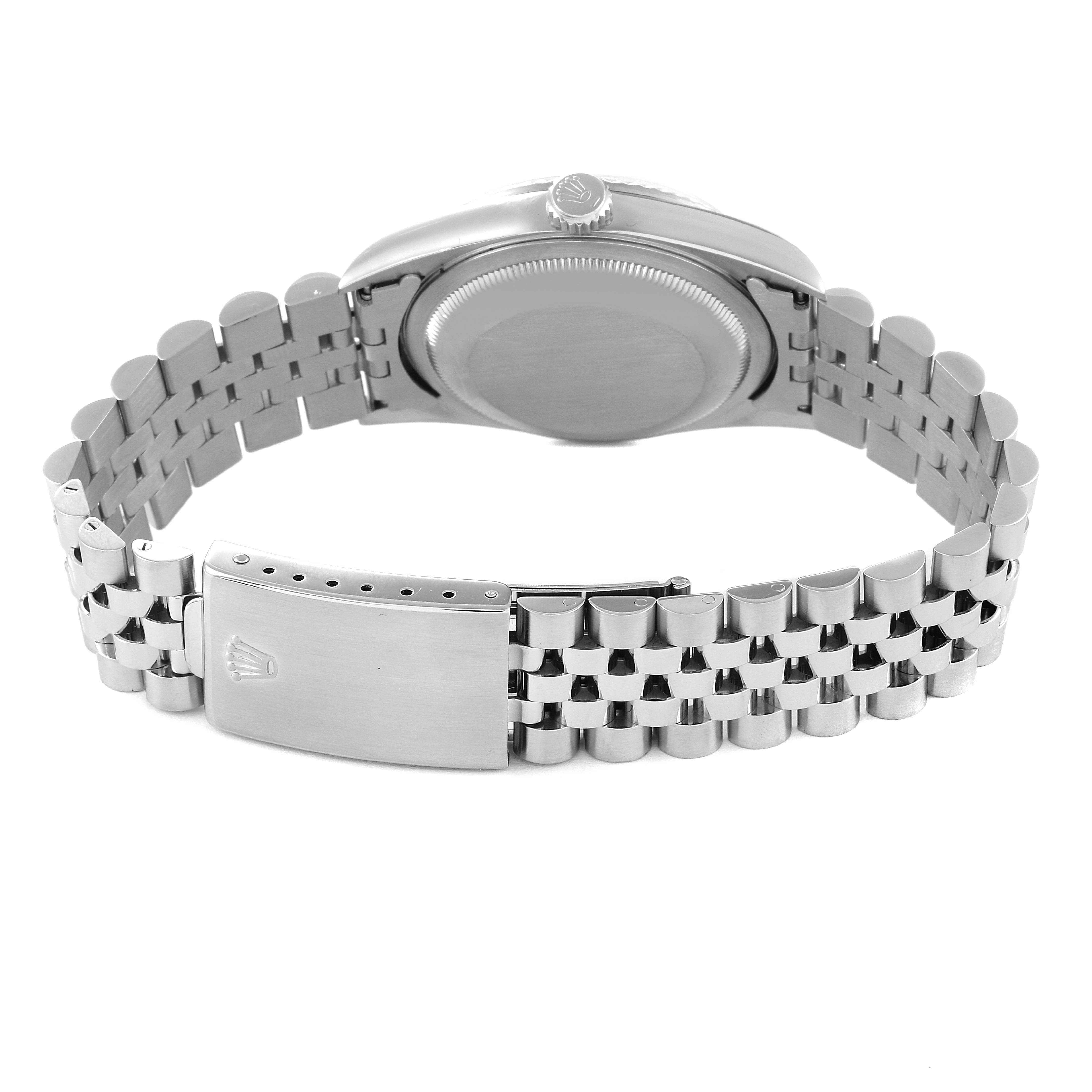 This image shows the backside and bracelet of a Rolex Datejust 16234 Men's Stainless Steel Silver Dial 16234 Men's Stainless Steel Silver Dial watch, highlighting the clasp and case back.
