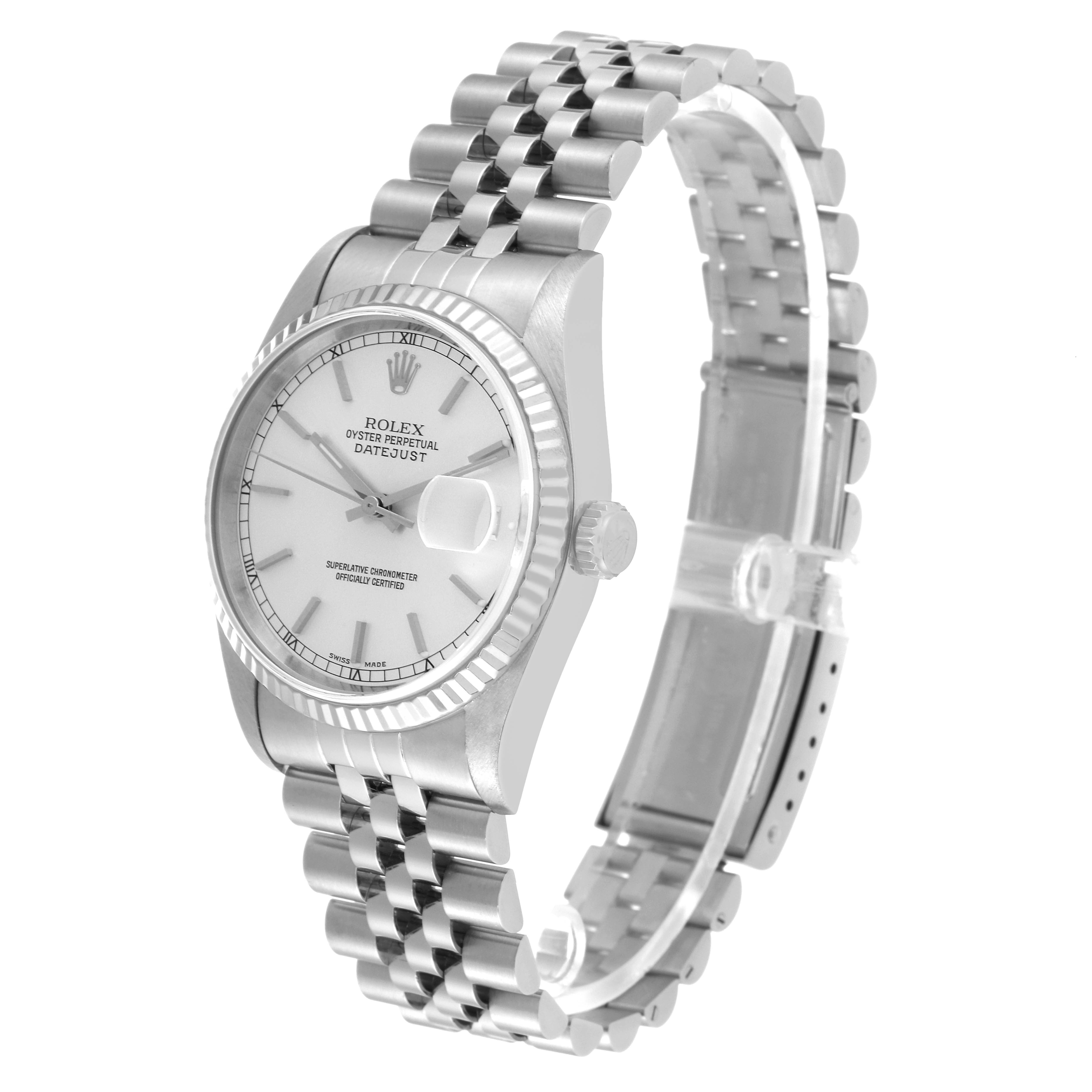 This image shows the side angle of the Rolex Datejust 16234 Men's Stainless Steel Silver Dial 16234 Men's Stainless Steel Silver Dial watch, highlighting the case, dial, crown, and bracelet.