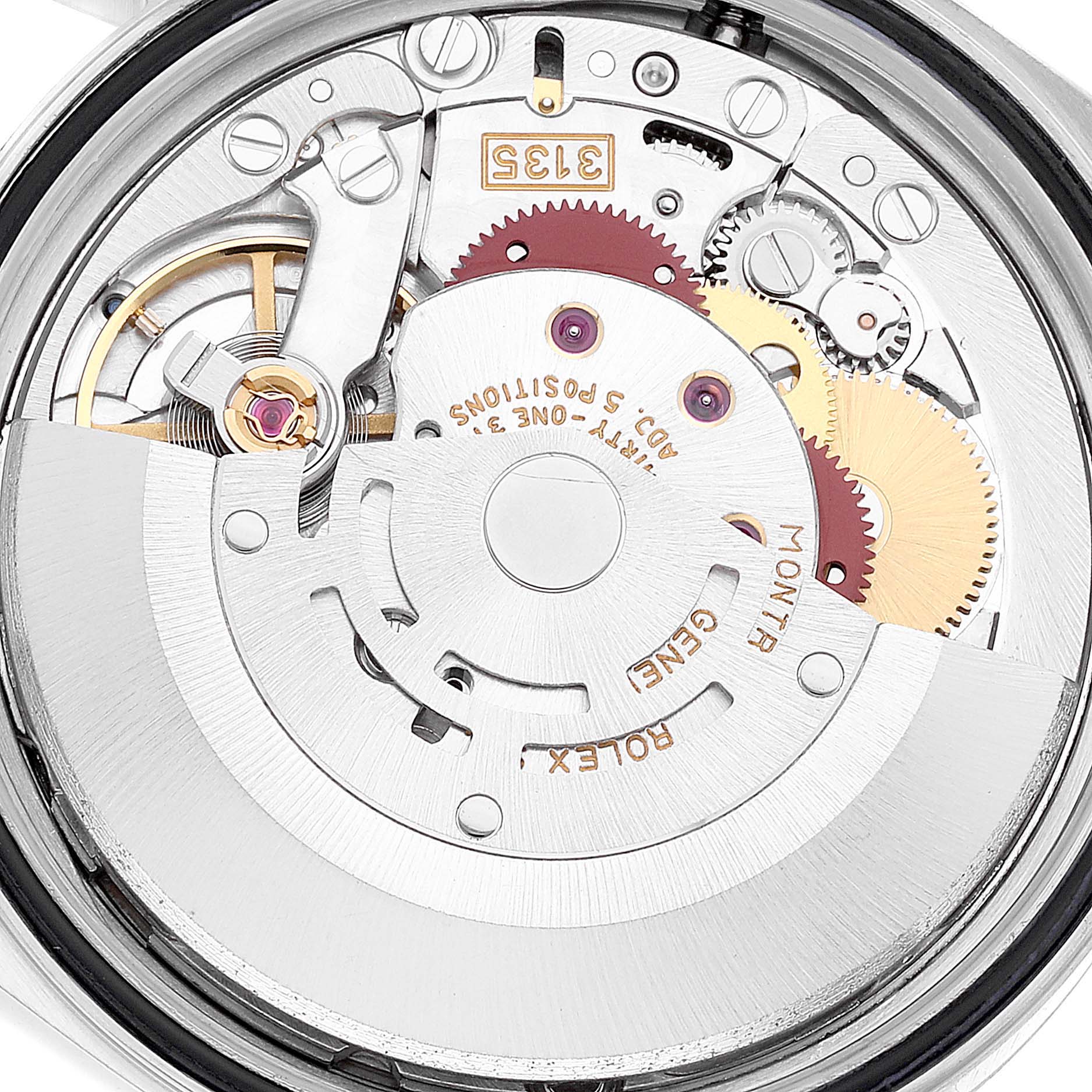 This image shows the internal movement mechanism of a Rolex Datejust 16234 Men's Stainless Steel Silver Dial 16234 Men's Stainless Steel Silver Dial watch from a top-down angle.