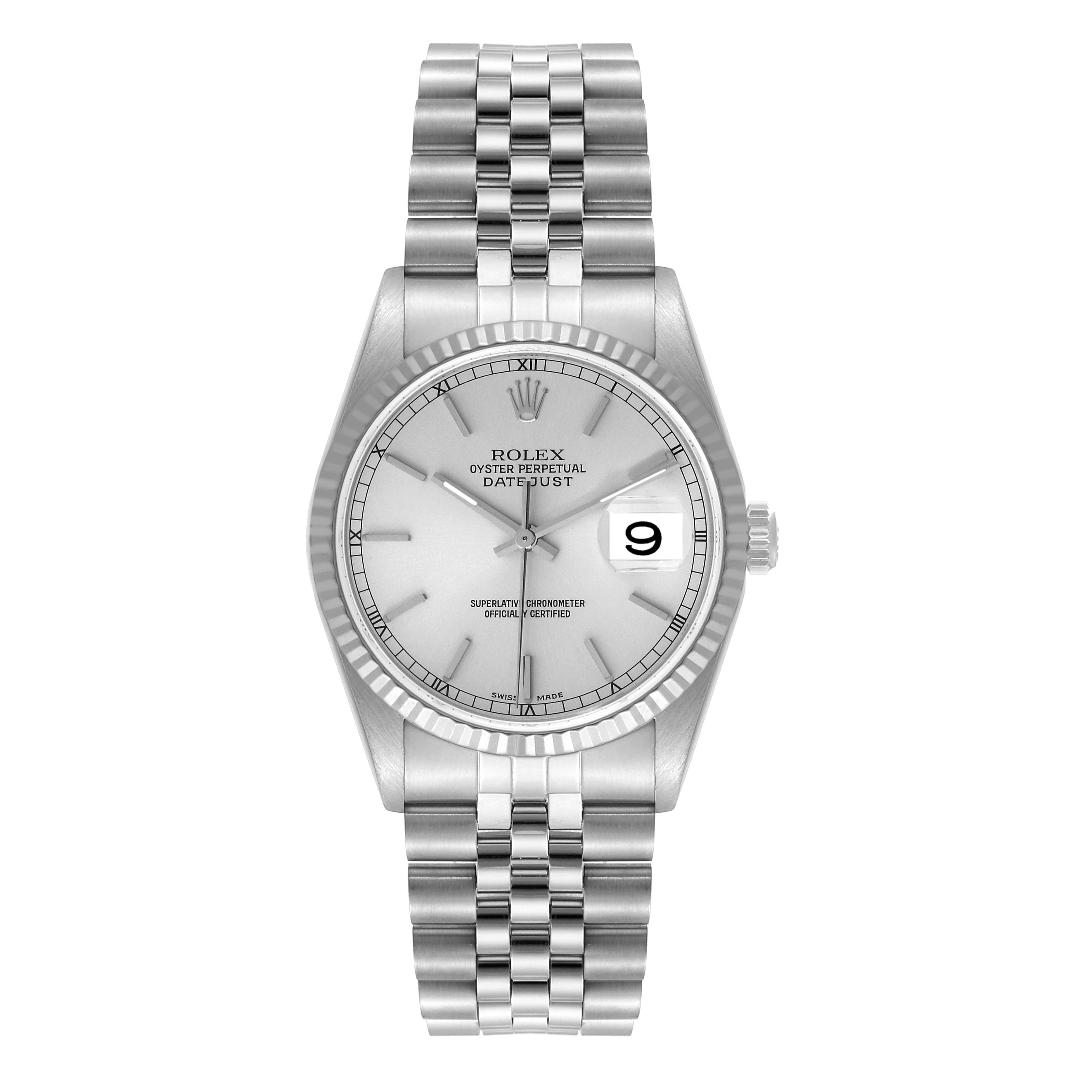 The image shows a frontal view of a Rolex Datejust 16234 Men's Stainless Steel Silver Dial 16234 Men's Stainless Steel Silver Dial watch, displaying the dial, fluted bezel, and Jubilee bracelet.