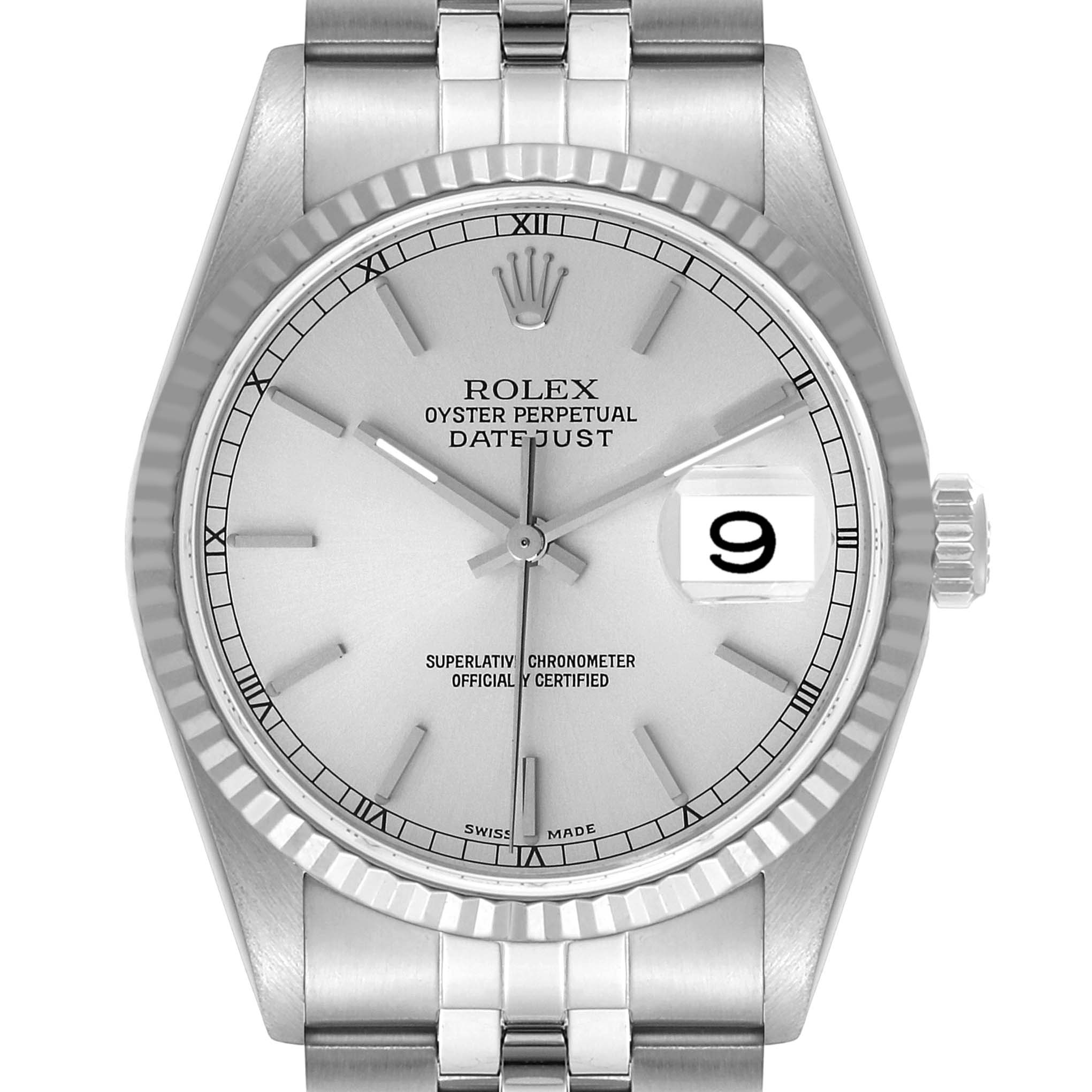 The image shows a front view of a Rolex Datejust 16234 Men's Stainless Steel Silver Dial 16234 Men's Stainless Steel Silver Dial watch displaying the dial, bezel, crown, and part of the bracelet.