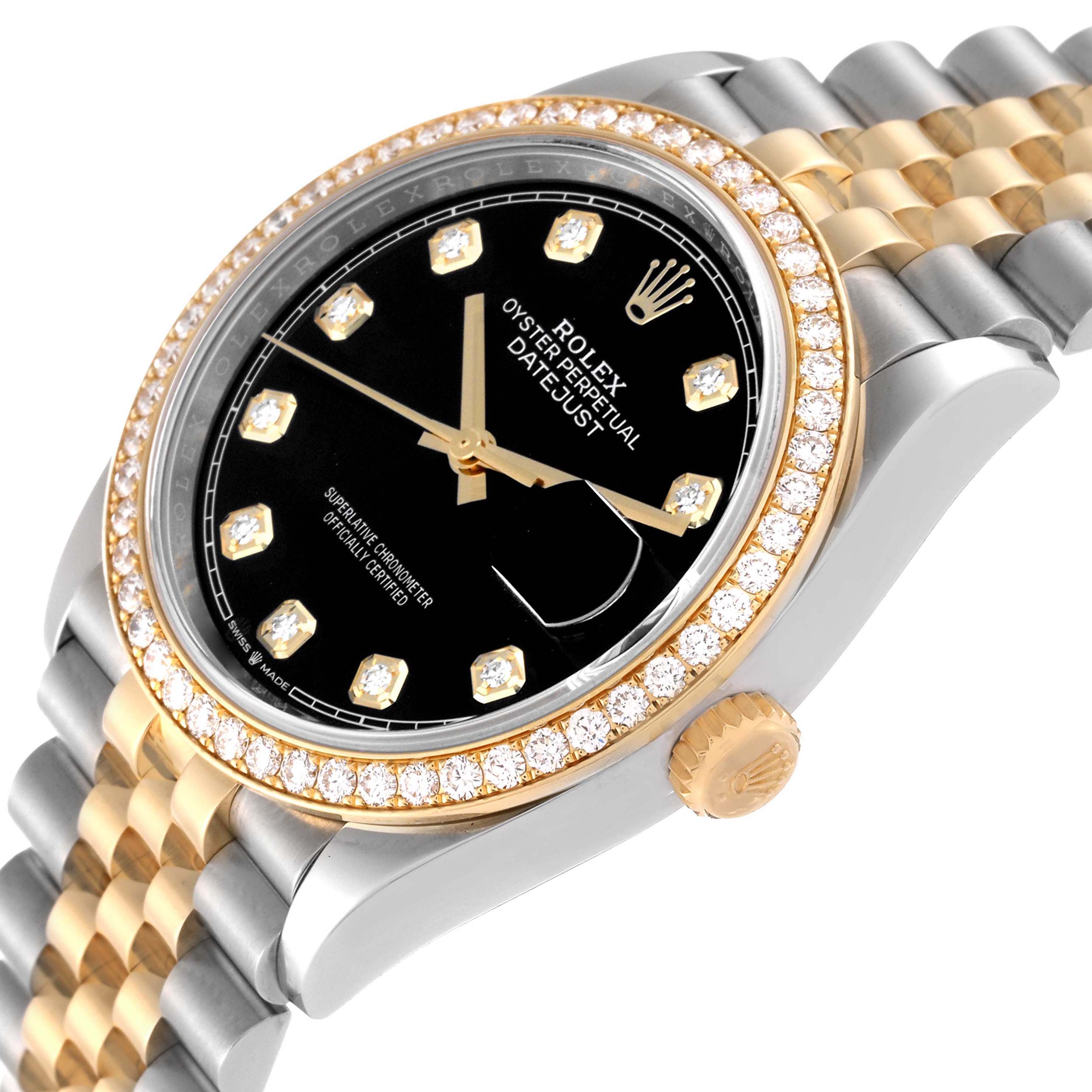 The Rolex Datejust 126283RBR Men's Steel and Gold (two tone) Black Dial 126283RBR Men's Steel and Gold (two tone) Black Dial watch is shown at a slight angle, highlighting the dial, bezel, crown, and two-tone bracelet.