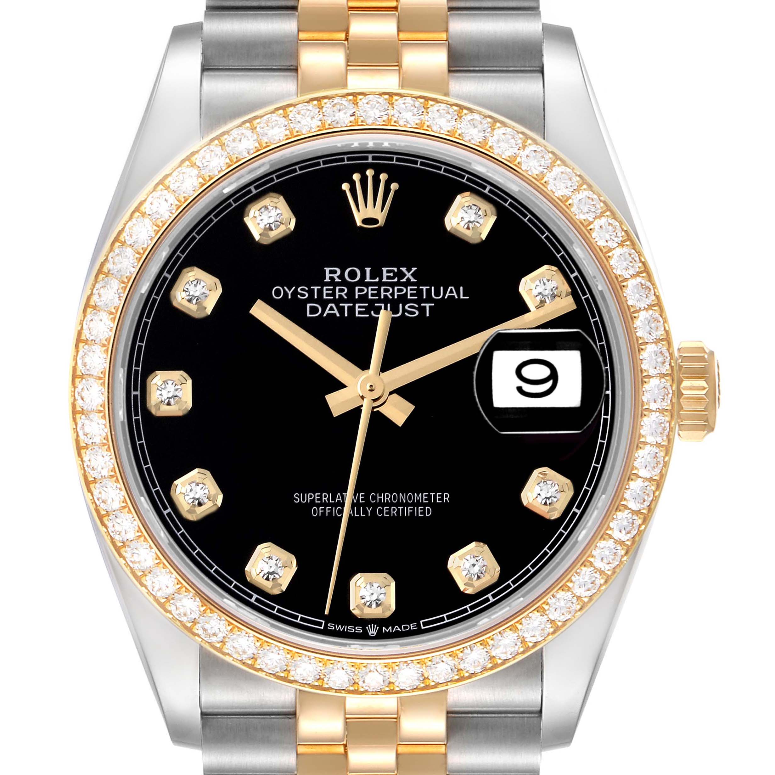 The Rolex Datejust 126283RBR Men's Steel and Gold (two tone) Black Dial 126283RBR Men's Steel and Gold (two tone) Black Dial watch is shown from the front, displaying its black dial, diamond hour markers, and two-tone bracelet.