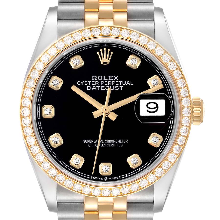 The Rolex Datejust watch is shown from the front, displaying its black dial, diamond hour markers, and two-tone bracelet.