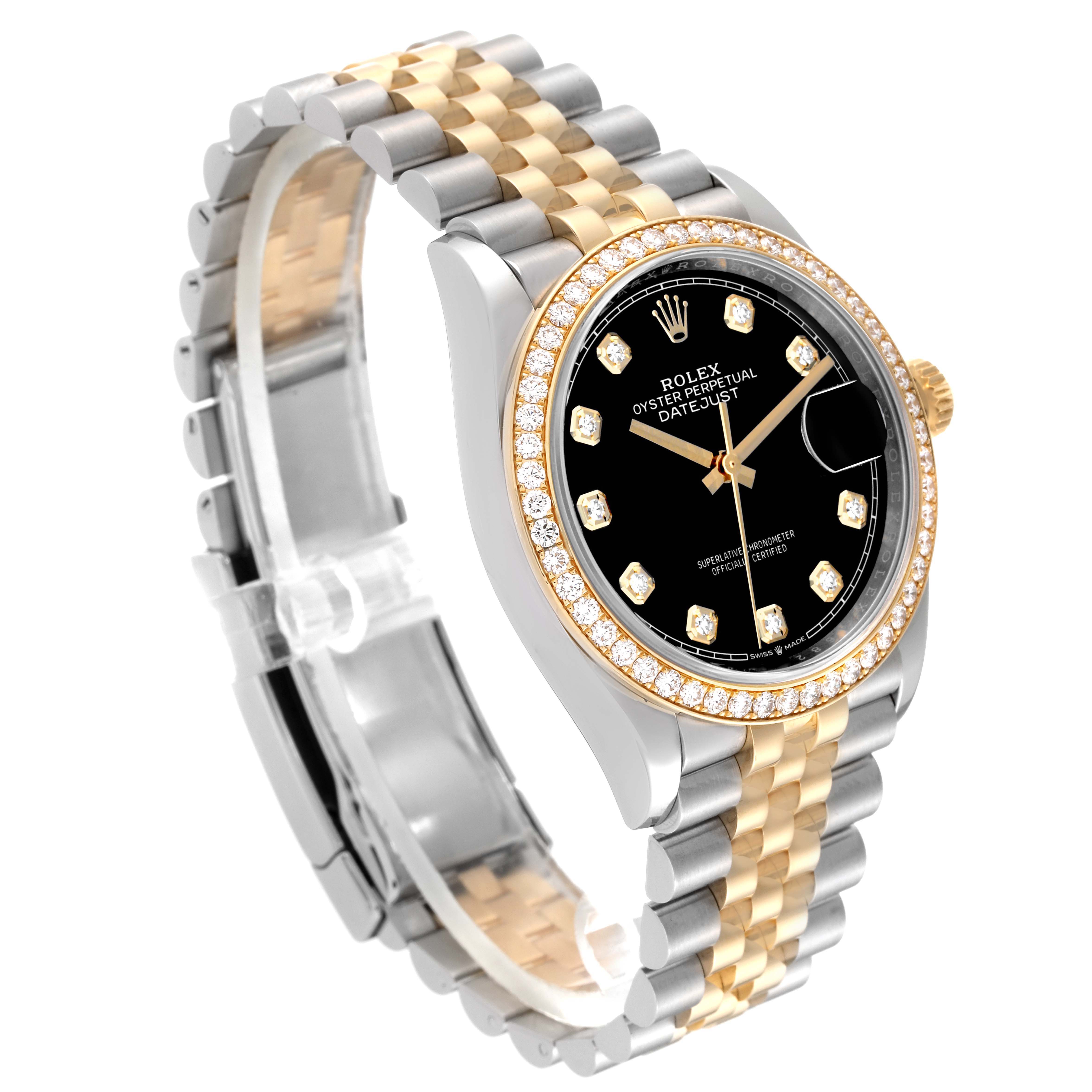 The Rolex Datejust 126283RBR Men's Steel and Gold (two tone) Black Dial 126283RBR Men's Steel and Gold (two tone) Black Dial watch is shown at a tilted angle, highlighting its two-tone bracelet, black dial, and diamond bezel.