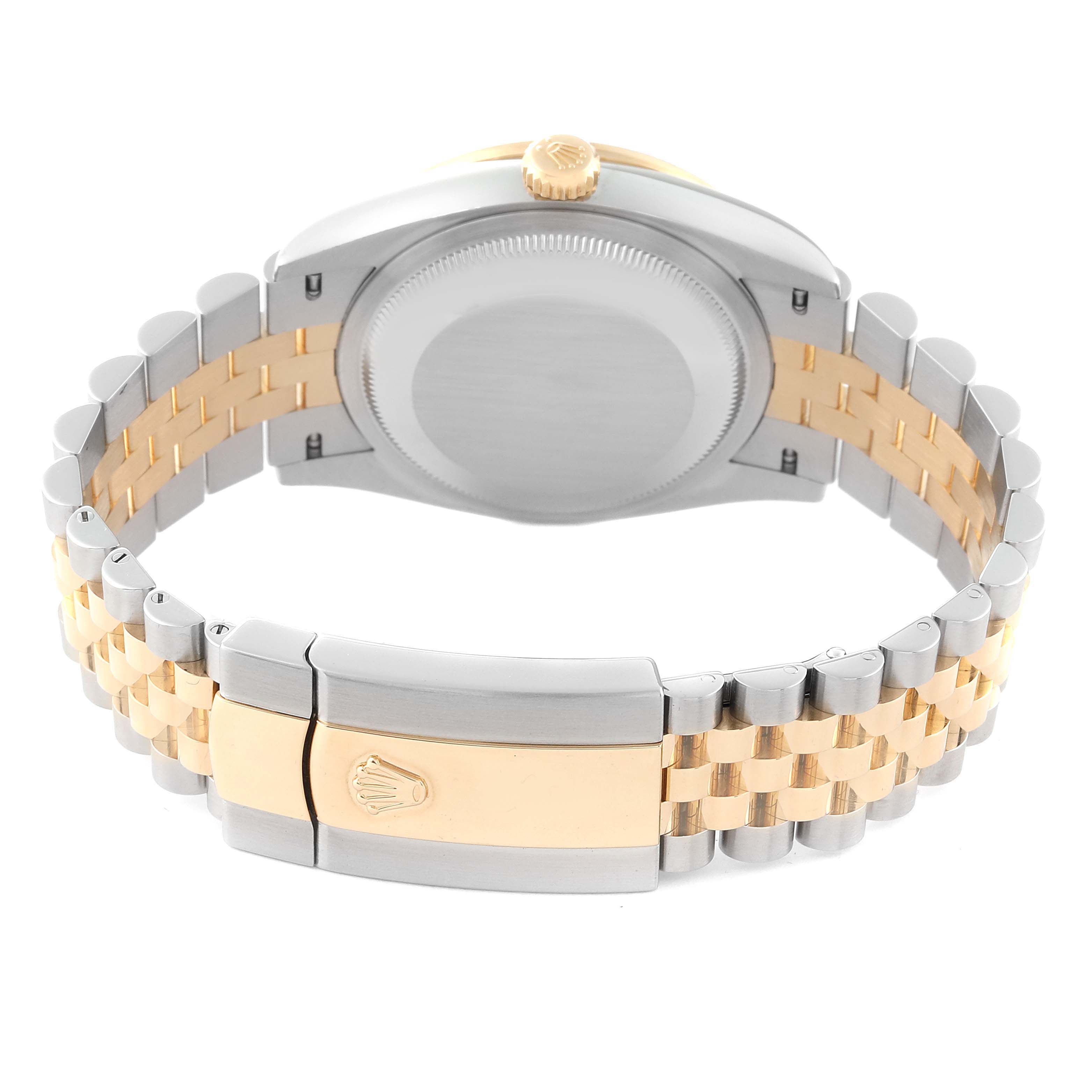 The Rolex Datejust 126283RBR Men's Steel and Gold (two tone) Black Dial 126283RBR Men's Steel and Gold (two tone) Black Dial watch is shown from the back, highlighting the clasp, case back, and two-tone bracelet.