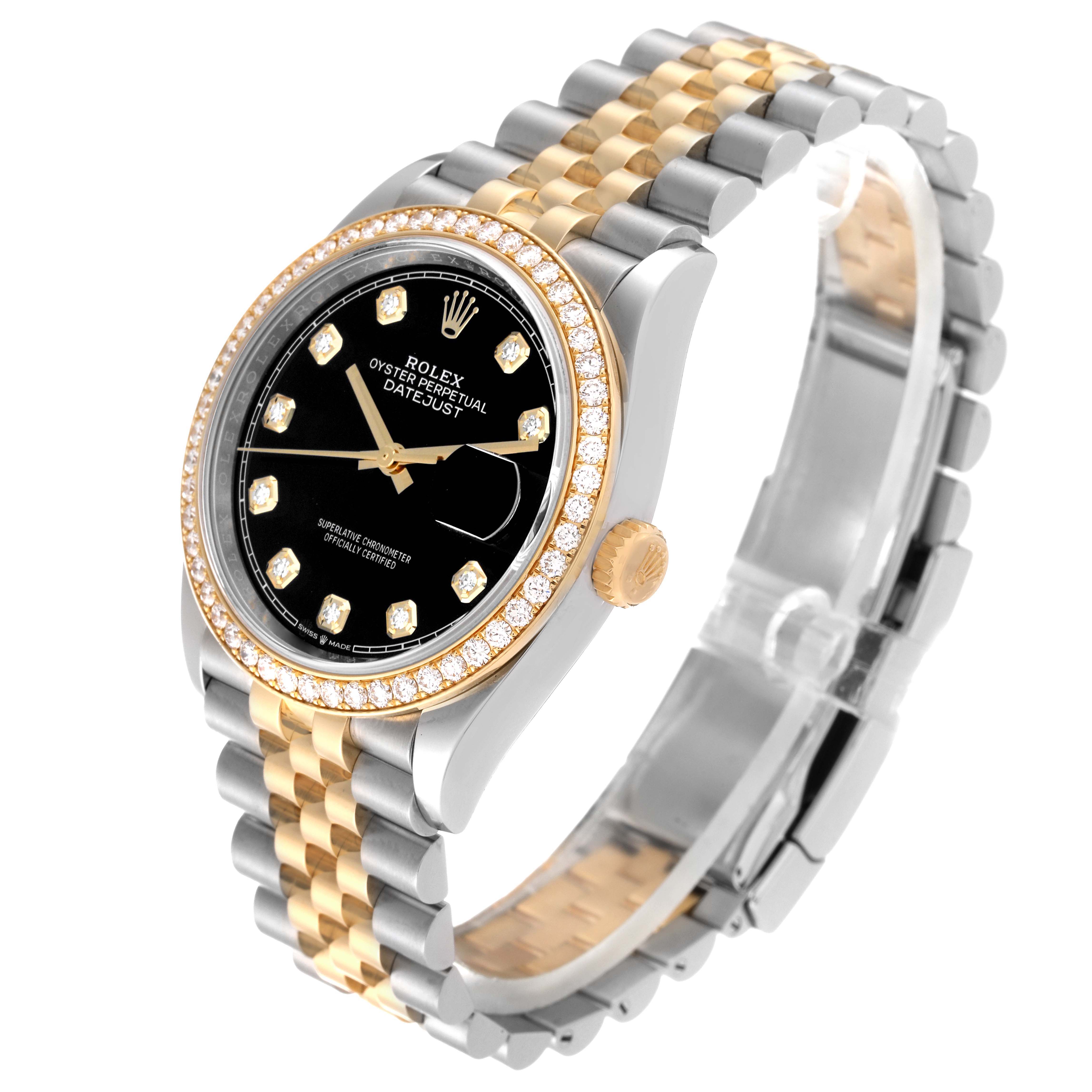 The Rolex Datejust 126283RBR Men's Steel and Gold (two tone) Black Dial 126283RBR Men's Steel and Gold (two tone) Black Dial watch is shown at a three-quarter angle, highlighting its bezel, crown, dial, and bracelet.