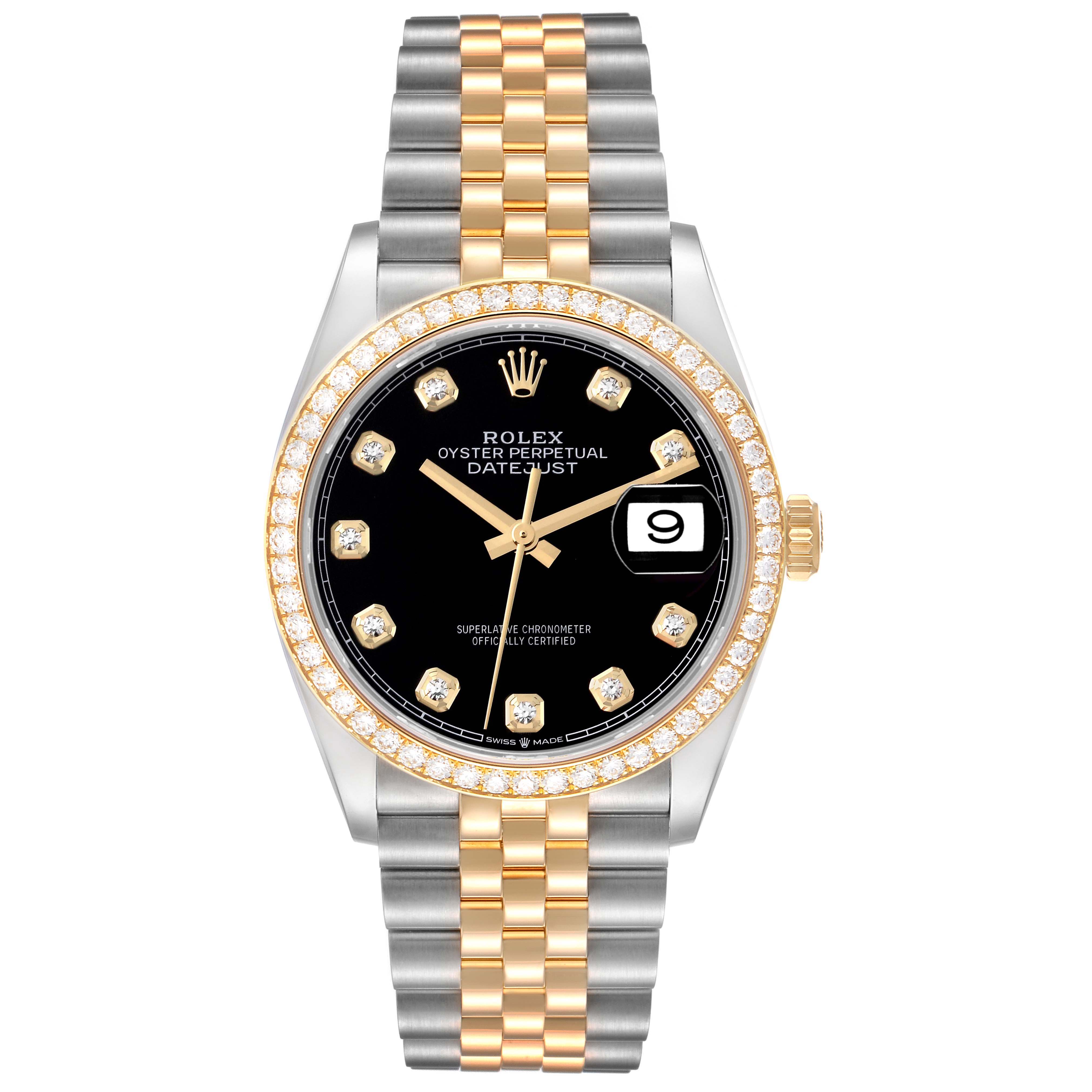 The Rolex Datejust 126283RBR Men's Steel and Gold (two tone) Black Dial 126283RBR Men's Steel and Gold (two tone) Black Dial watch is shown from a front angle, displaying the dial, bezel, crown, and bracelet.