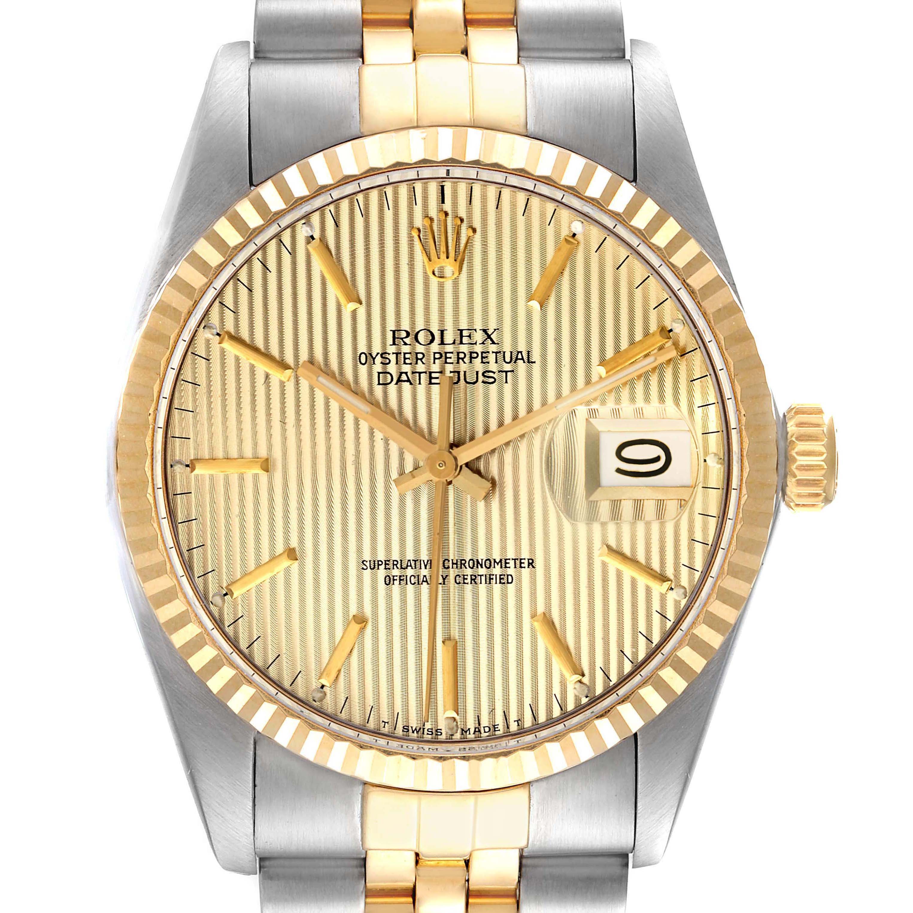 The image shows a frontal view of the Rolex Vintage Collection 16013 Men's Steel and Gold (two tone) Champagne Dial 16013 Men's Steel and Gold (two tone) Champagne Dial Oyster Perpetual Datejust watch, displaying the dial, hands, bezel, and part of the bracelet.