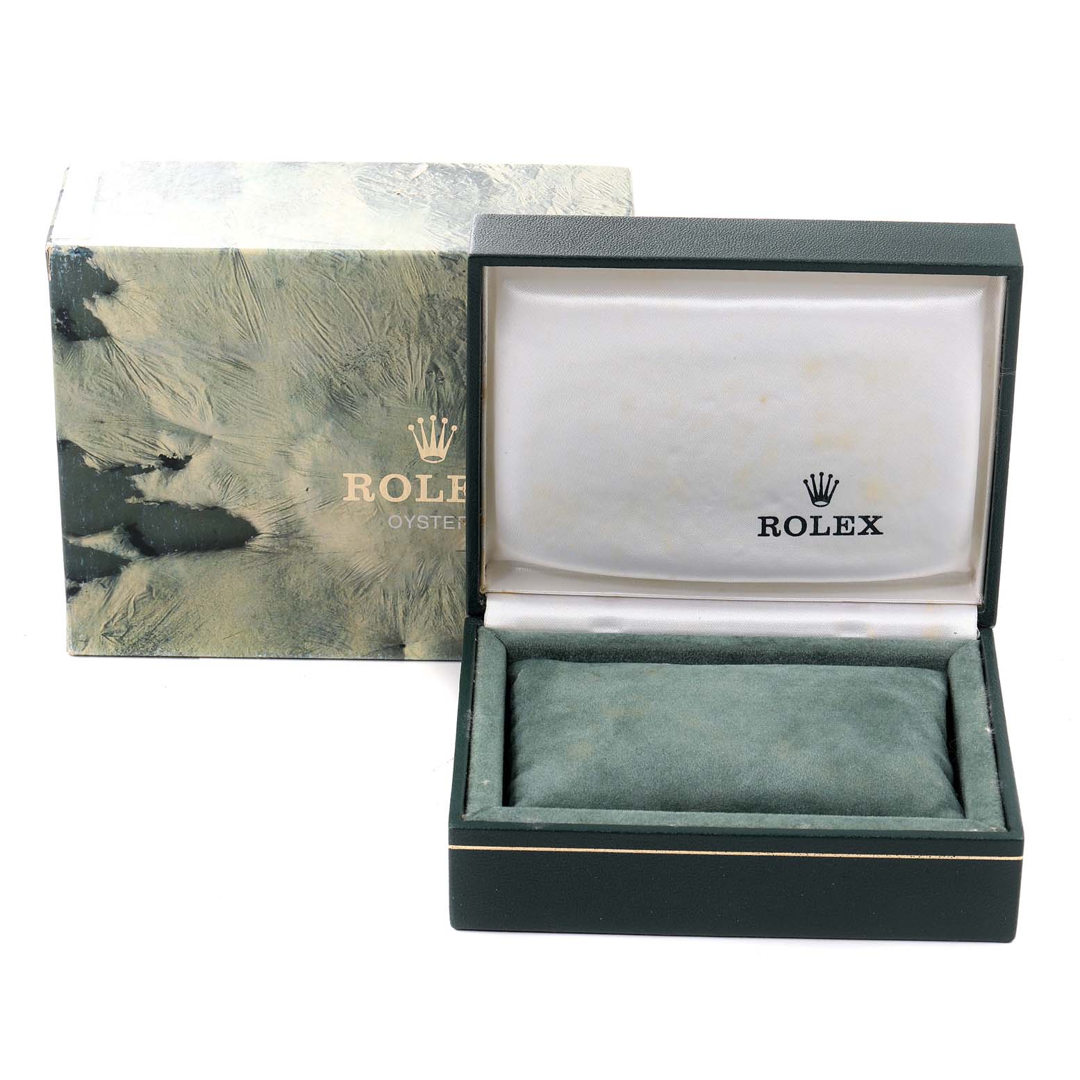 This image shows an empty open box and outer packaging for the Rolex Vintage Collection 16013 Men's Steel and Gold (two tone) Champagne Dial 16013 Men's Steel and Gold (two tone) Champagne Dial watch.