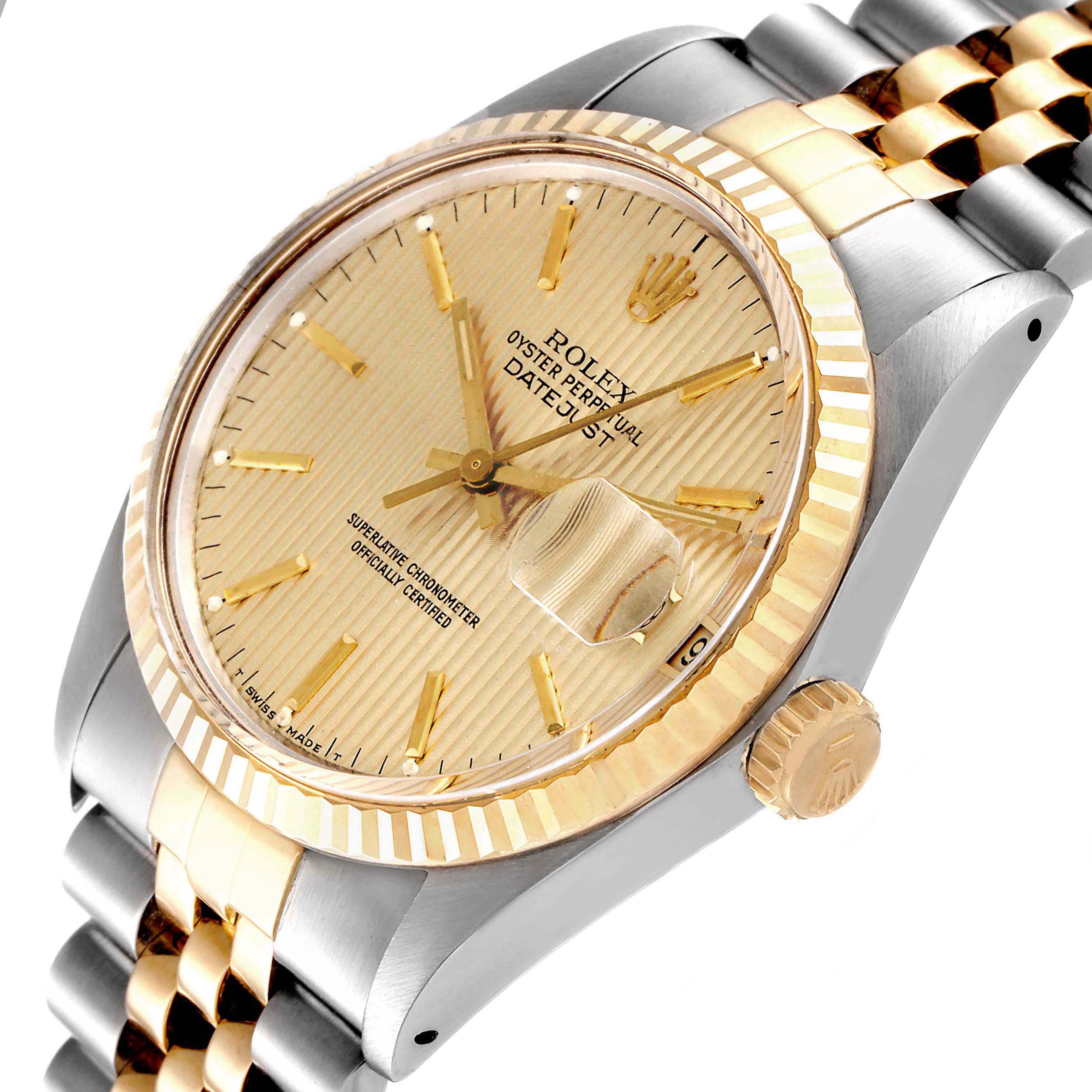 The Rolex Vintage Collection 16013 Men's Steel and Gold (two tone) Champagne Dial 16013 Men's Steel and Gold (two tone) Champagne Dial model is shown at a side angle, highlighting the face, bezel, and part of the bracelet.