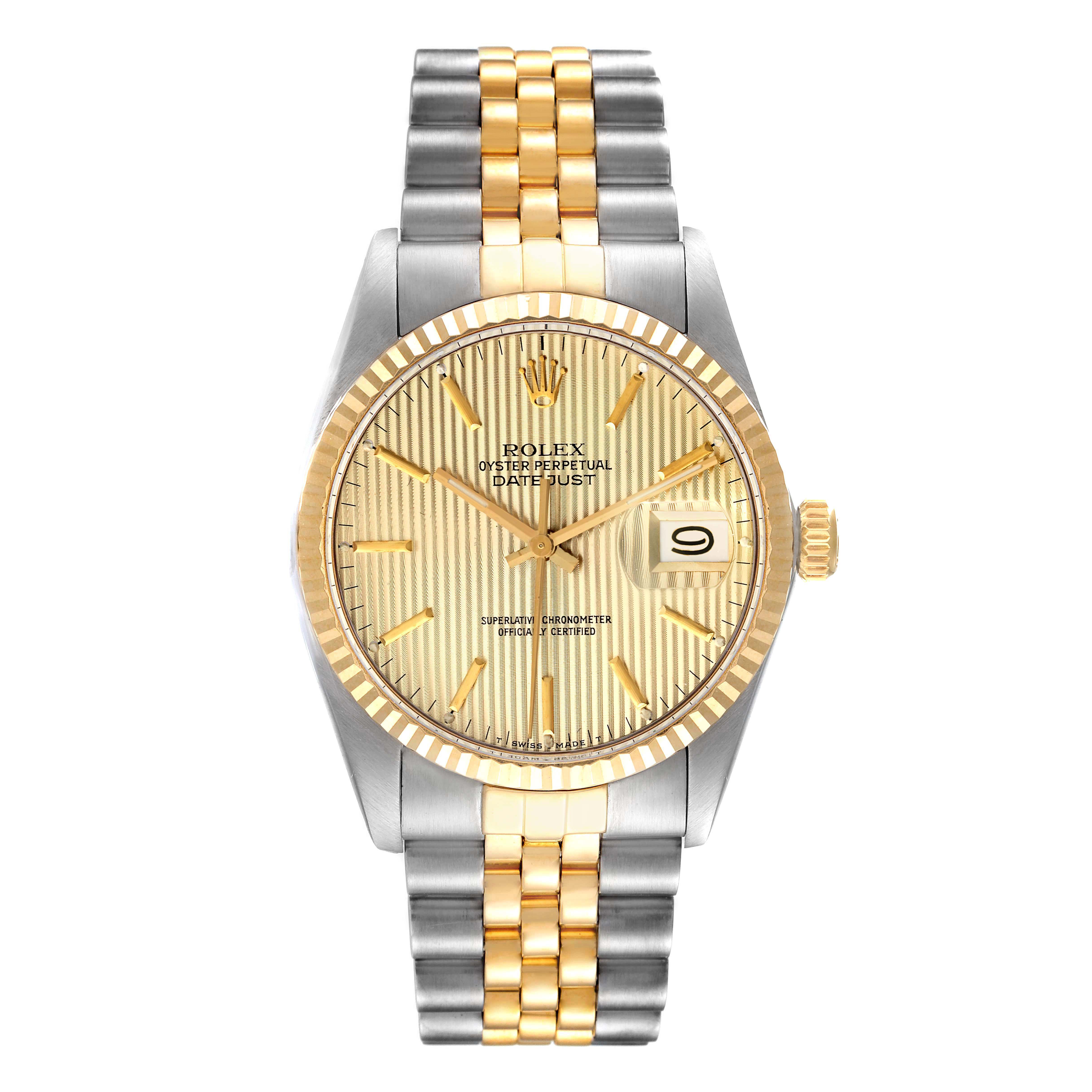 The Rolex Vintage Collection 16013 Men's Steel and Gold (two tone) Champagne Dial 16013 Men's Steel and Gold (two tone) Champagne Dial model Datejust watch is shown from the front, displaying the dial, bezel, crown, and bracelet.