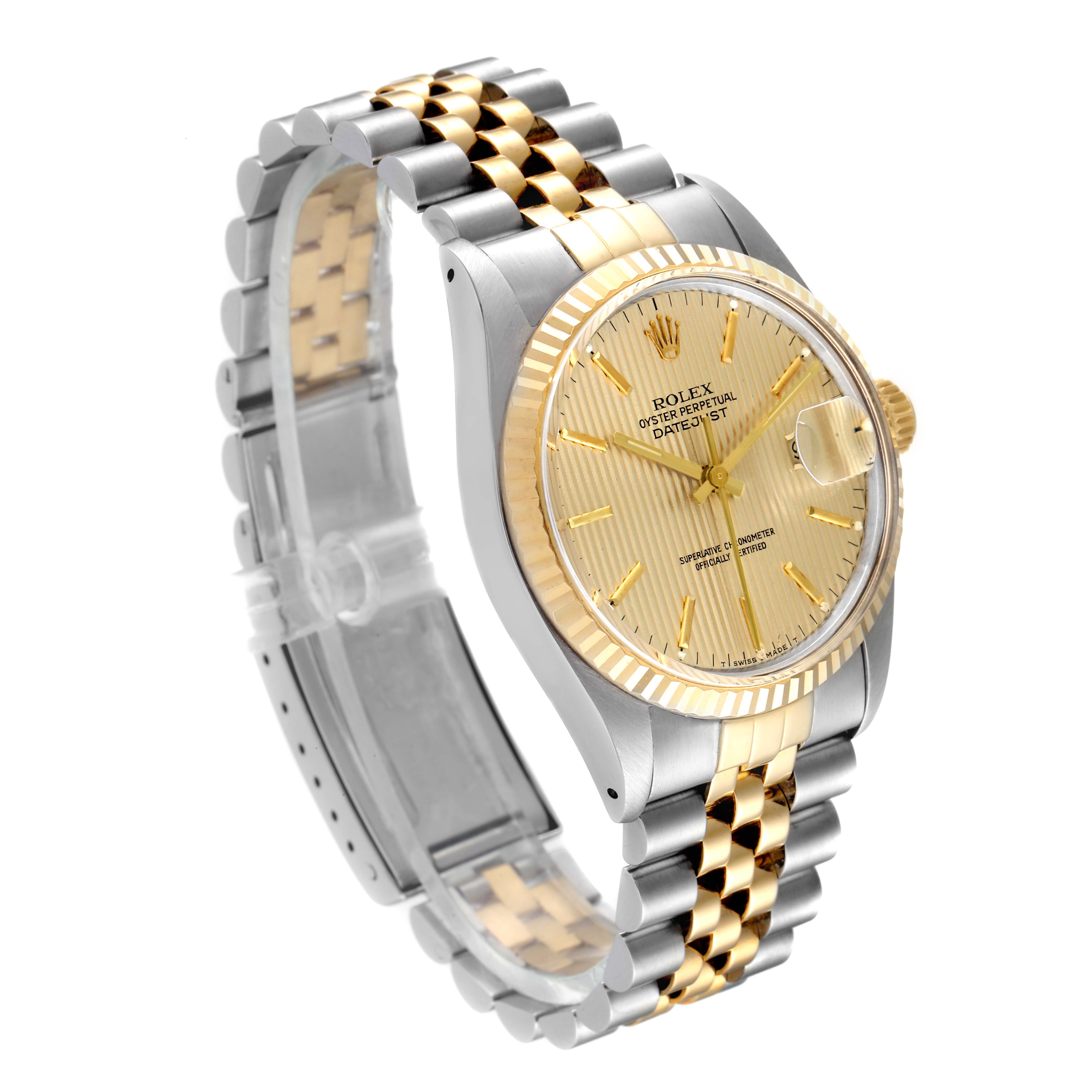 This image shows a Rolex Vintage Collection 16013 Men's Steel and Gold (two tone) Champagne Dial 16013 Men's Steel and Gold (two tone) Champagne Dial watch at an angle highlighting its gold and silver bracelet, face, and bezel.