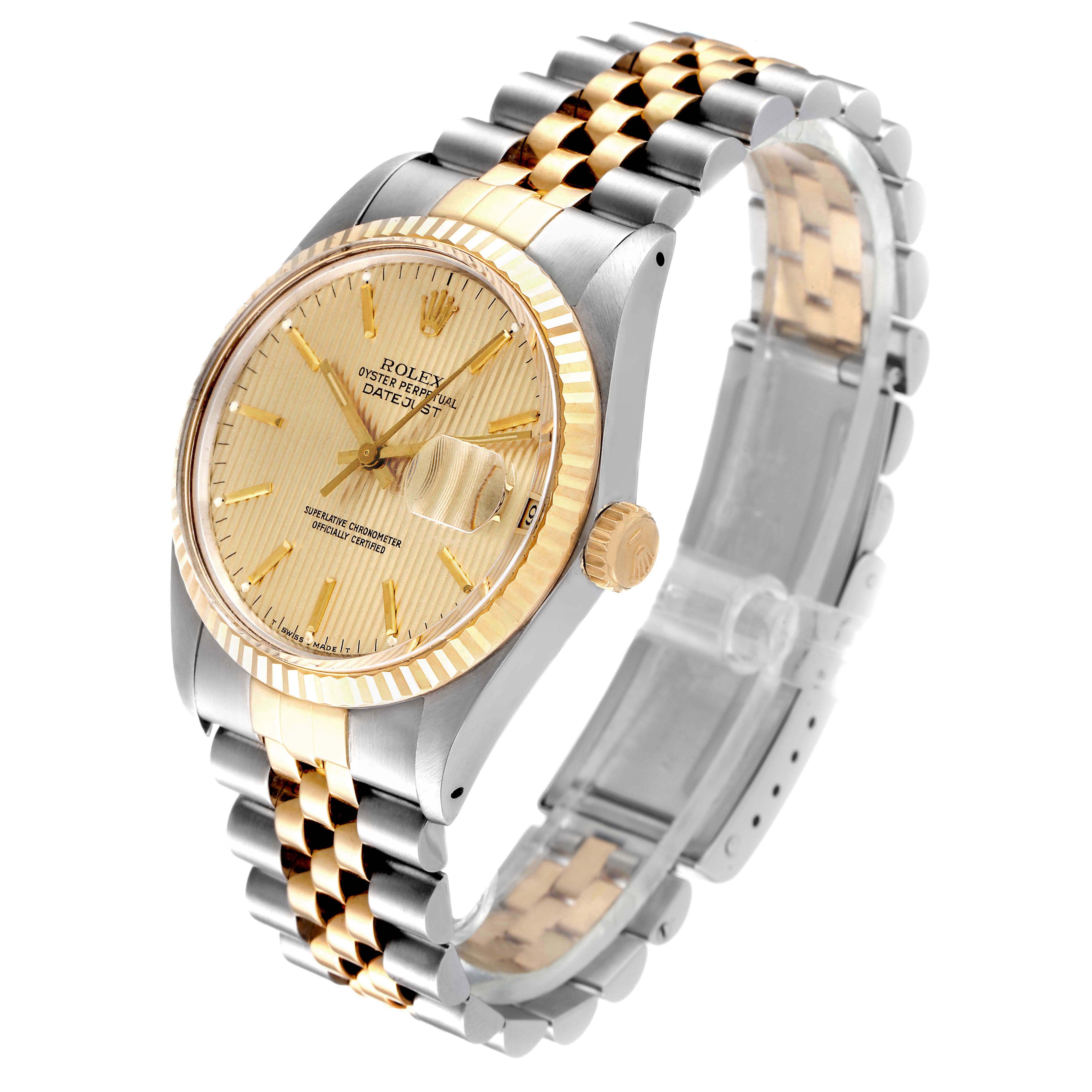 The image shows a Rolex Vintage Collection 16013 Men's Steel and Gold (two tone) Champagne Dial 16013 Men's Steel and Gold (two tone) Champagne Dial watch at a slight angle, highlighting its face, bezel, crown, and jubilee bracelet.