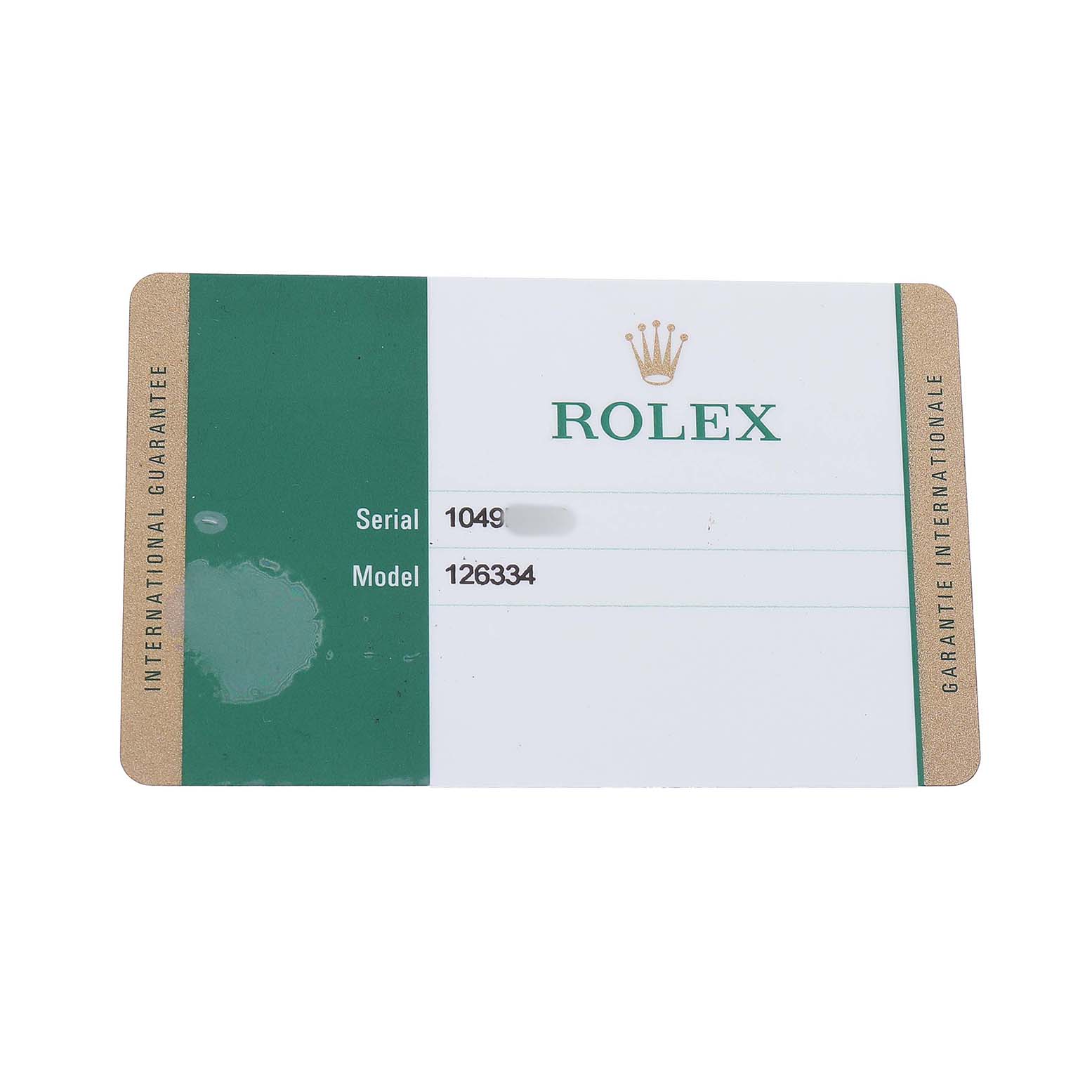 The image shows a Rolex Datejust 41 126334 Men's Stainless Steel White Dial warranty card, featuring the brand logo and model number.