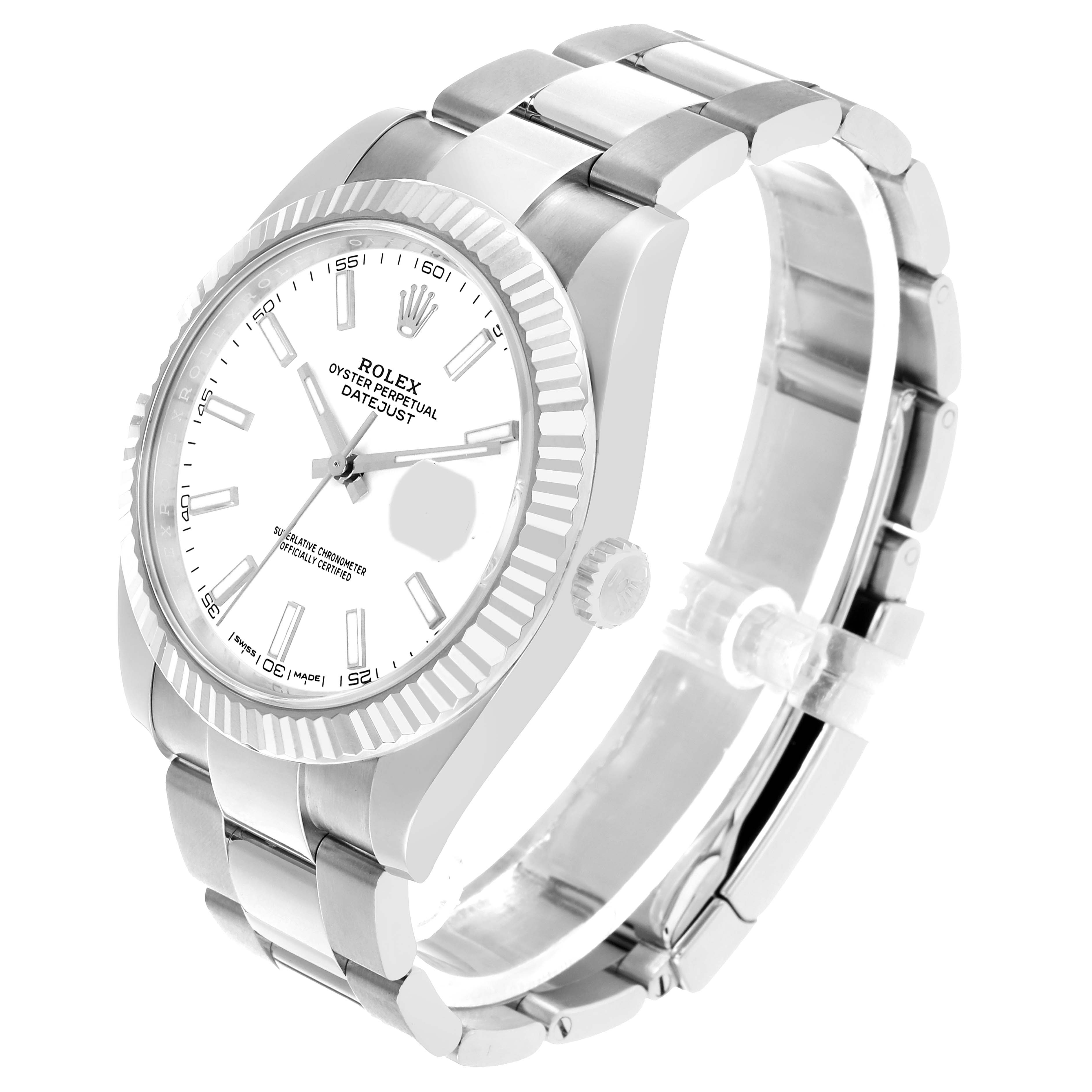 The Rolex Datejust 41 126334 Men's Stainless Steel White Dial is shown at a three-quarter angle, featuring the bezel, dial, and bracelet.