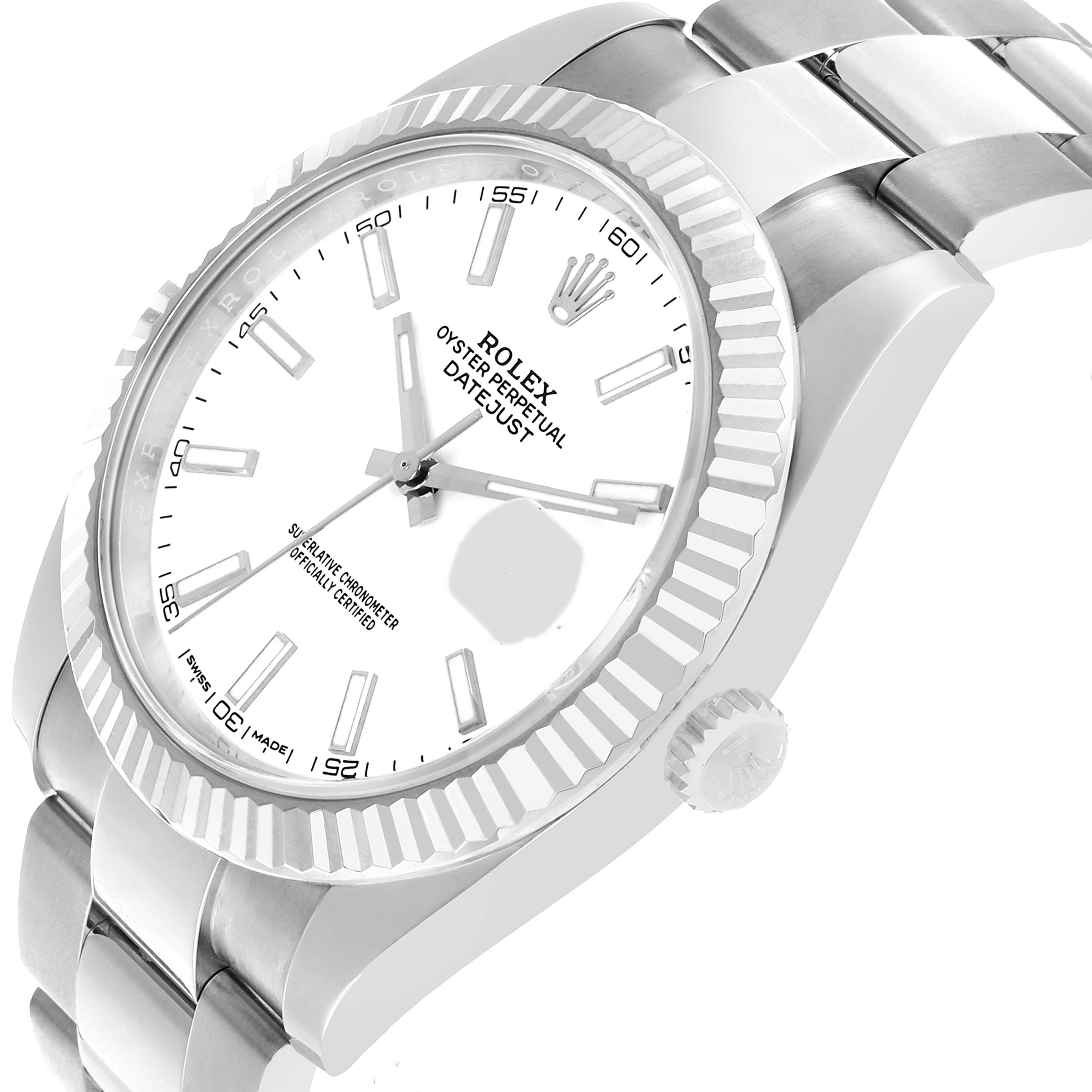 The Rolex Datejust 41 126334 Men's Stainless Steel White Dial is shown at an oblique angle, displaying the dial, bezel, crown, and part of the bracelet.
