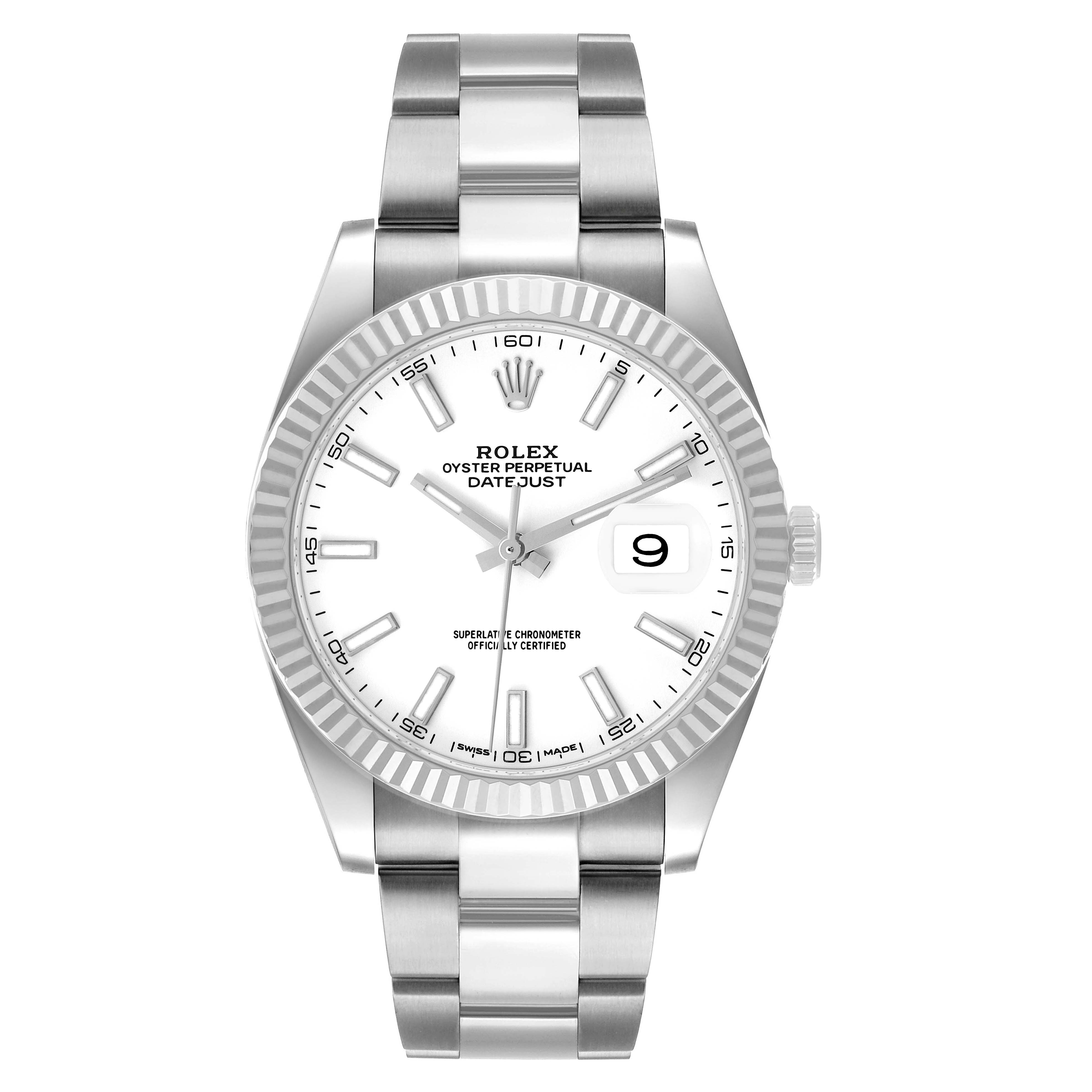 The Rolex Datejust 41 126334 Men's Stainless Steel White Dial is shown from a front angle, displaying the dial, fluted bezel, and bracelet.