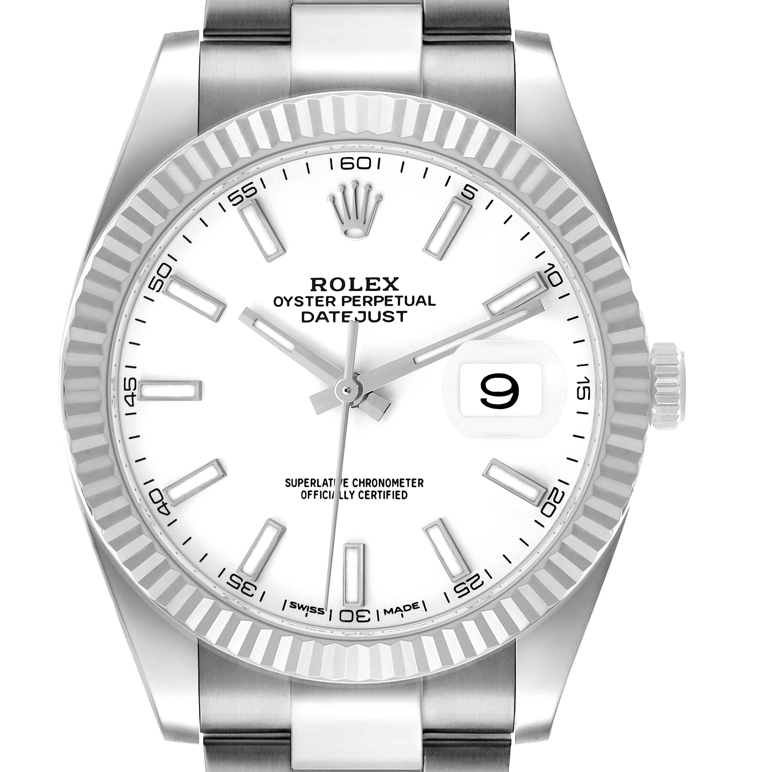 The image shows a frontal view of the Rolex Datejust 41 126334 Men's Stainless Steel White Dial, highlighting the dial, bezel, and bracelet.