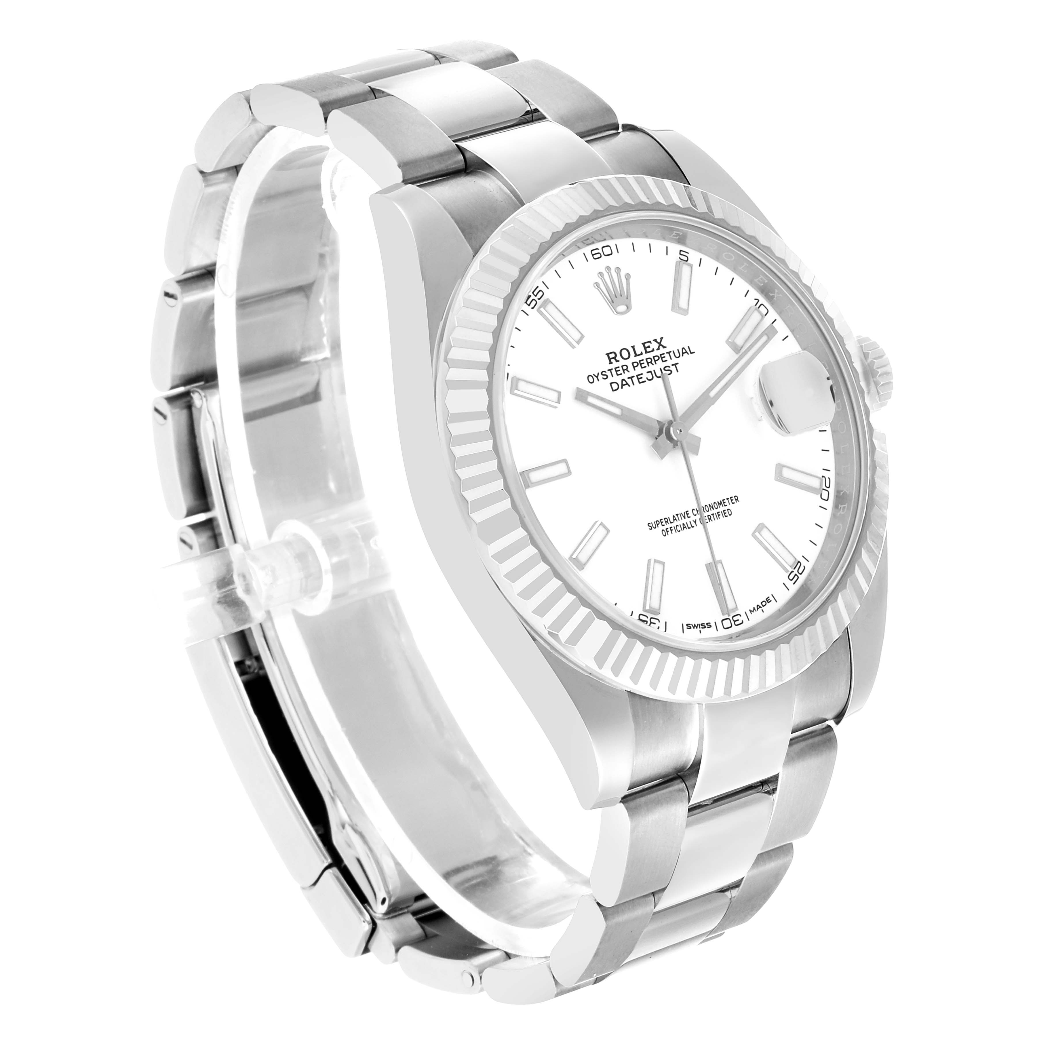The Rolex Datejust 41 126334 Men's Stainless Steel White Dial is shown at a three-quarter angle, displaying the dial, bezel, crown, and part of the bracelet.