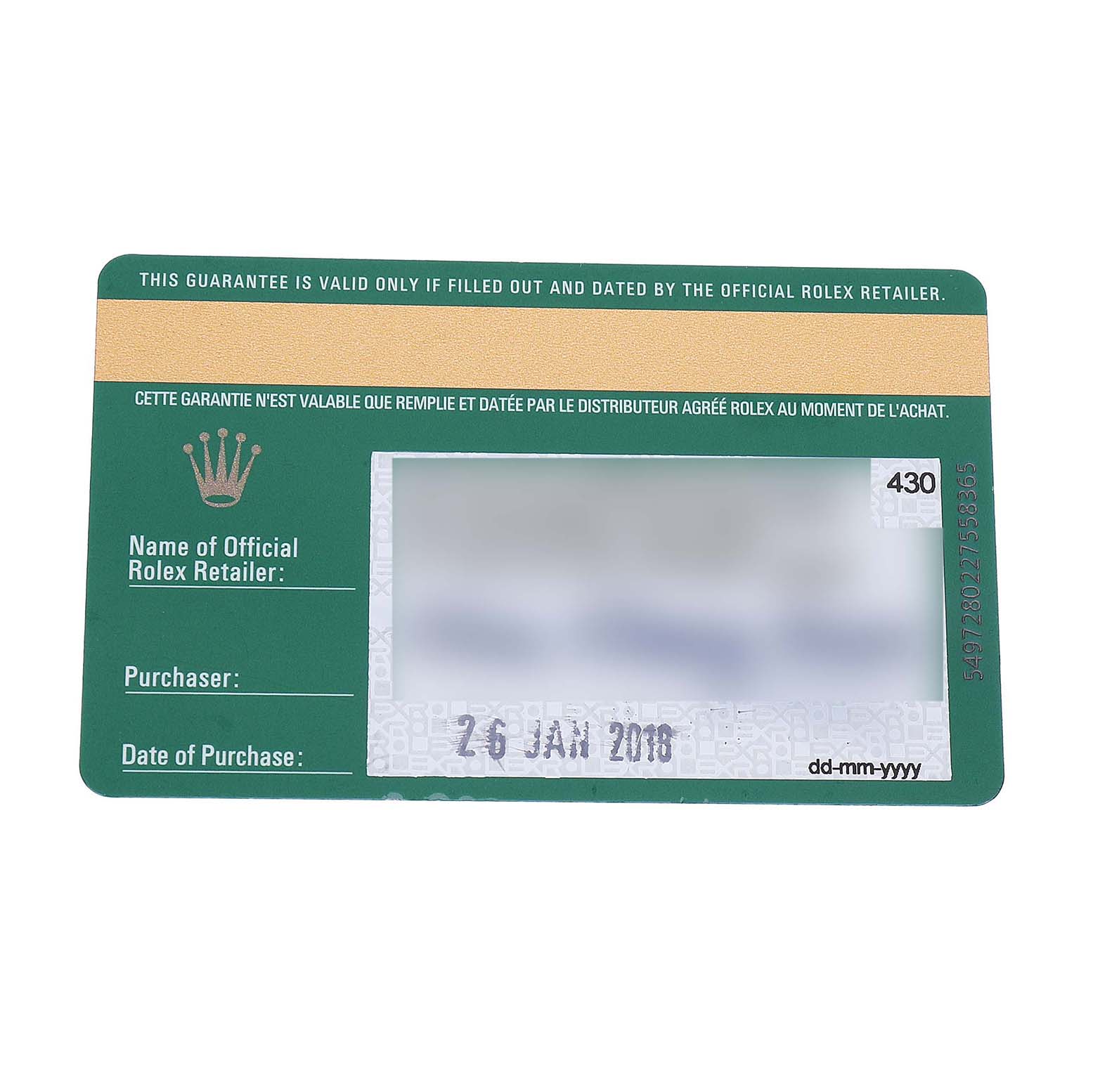 The image shows a warranty card for a Rolex Datejust 41 126334 Men's Stainless Steel White Dial, highlighting purchase details.