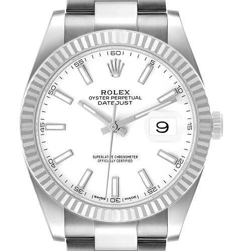 The image shows a front view of a Rolex Datejust 41 126334 Men's Stainless Steel White Dial, highlighting the dial, fluted bezel, and the Cyclops lens over the date.