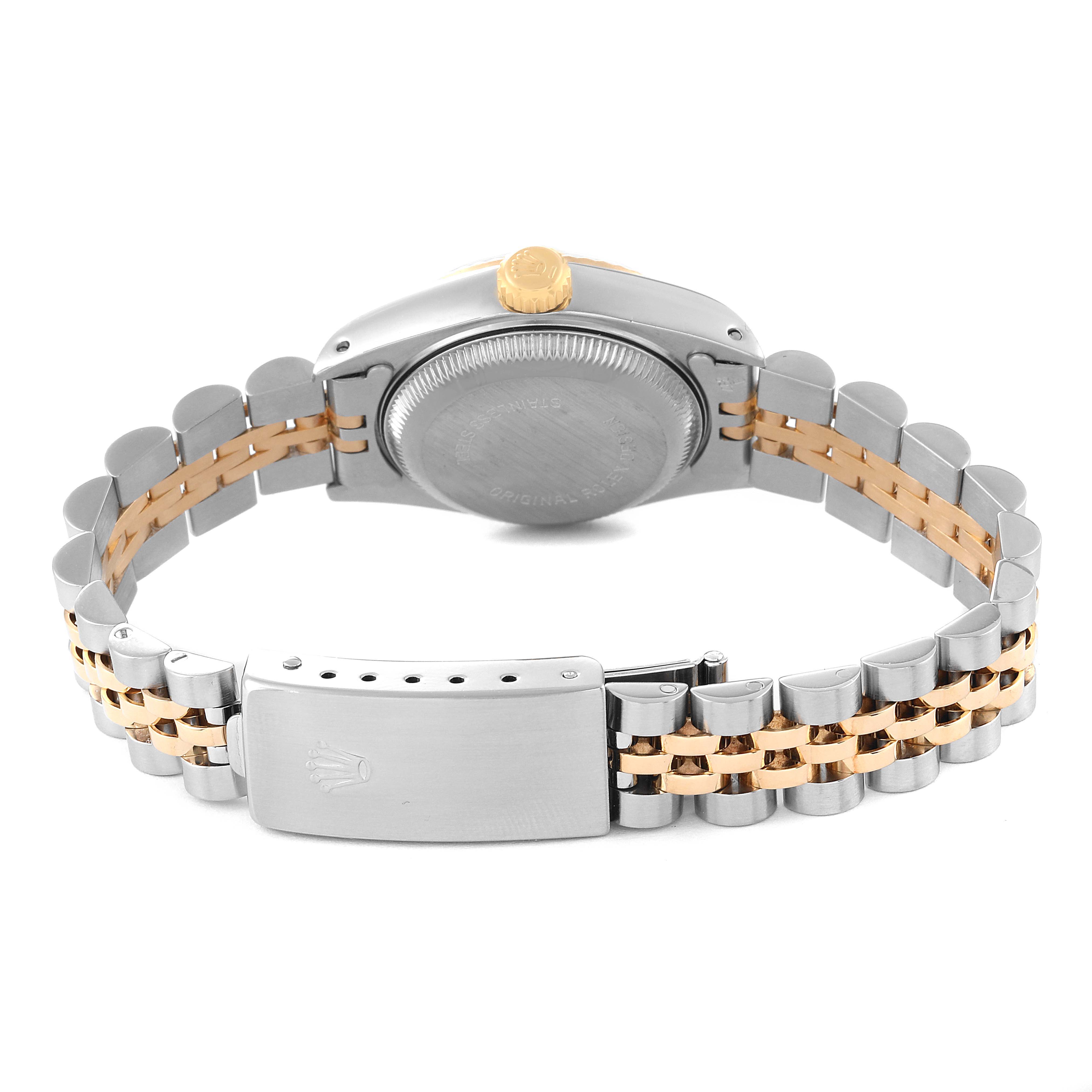 This image shows the back view of a Rolex Datejust 69173 Women's Steel and Gold (two tone) Champagne Dial 69173 Women's Steel and Gold (two tone) Champagne Dial watch, highlighting its two-tone bracelet and clasp.
