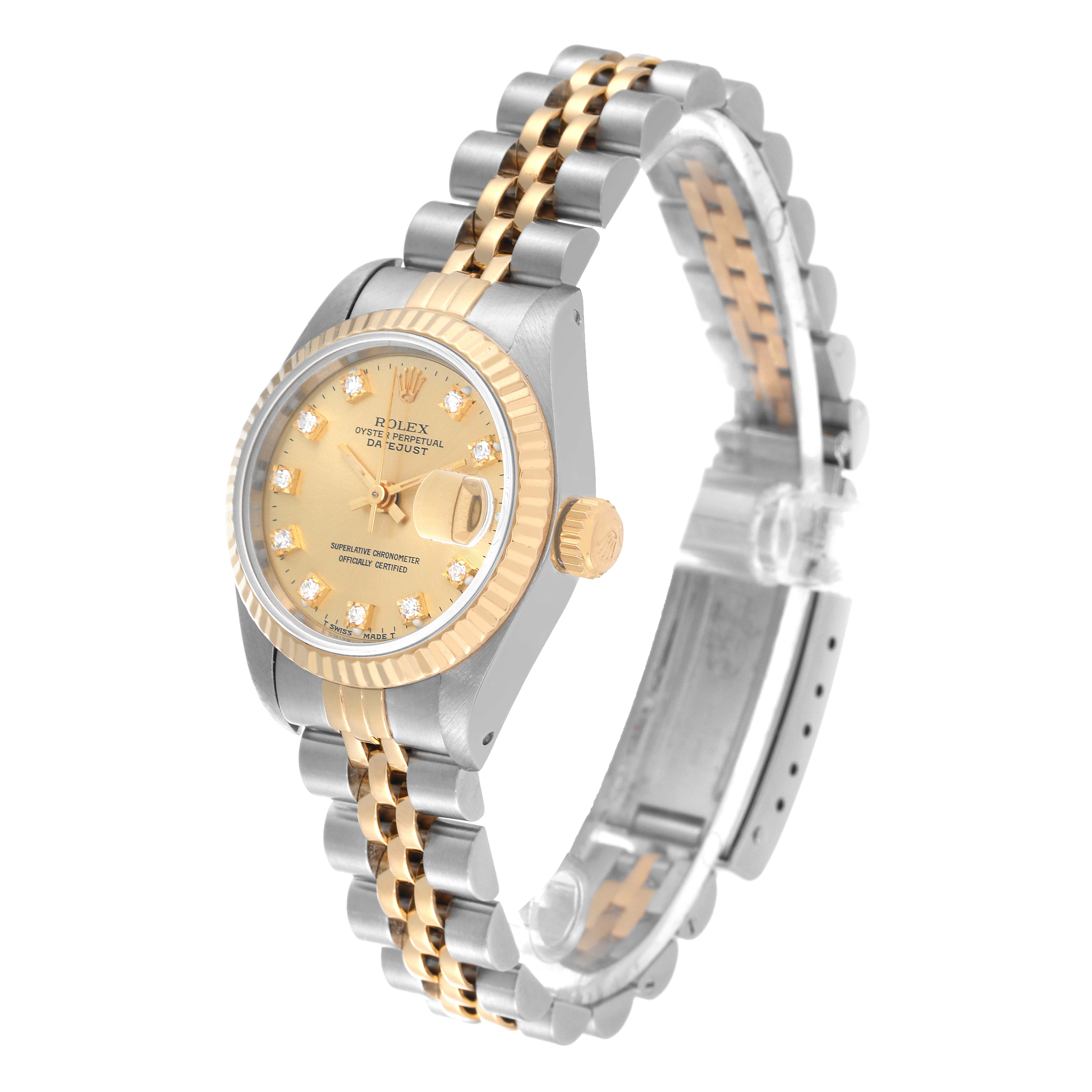 The image shows a Rolex Datejust 69173 Women's Steel and Gold (two tone) Champagne Dial 69173 Women's Steel and Gold (two tone) Champagne Dial watch angled to display the face, crown, and part of the jubilee bracelet.