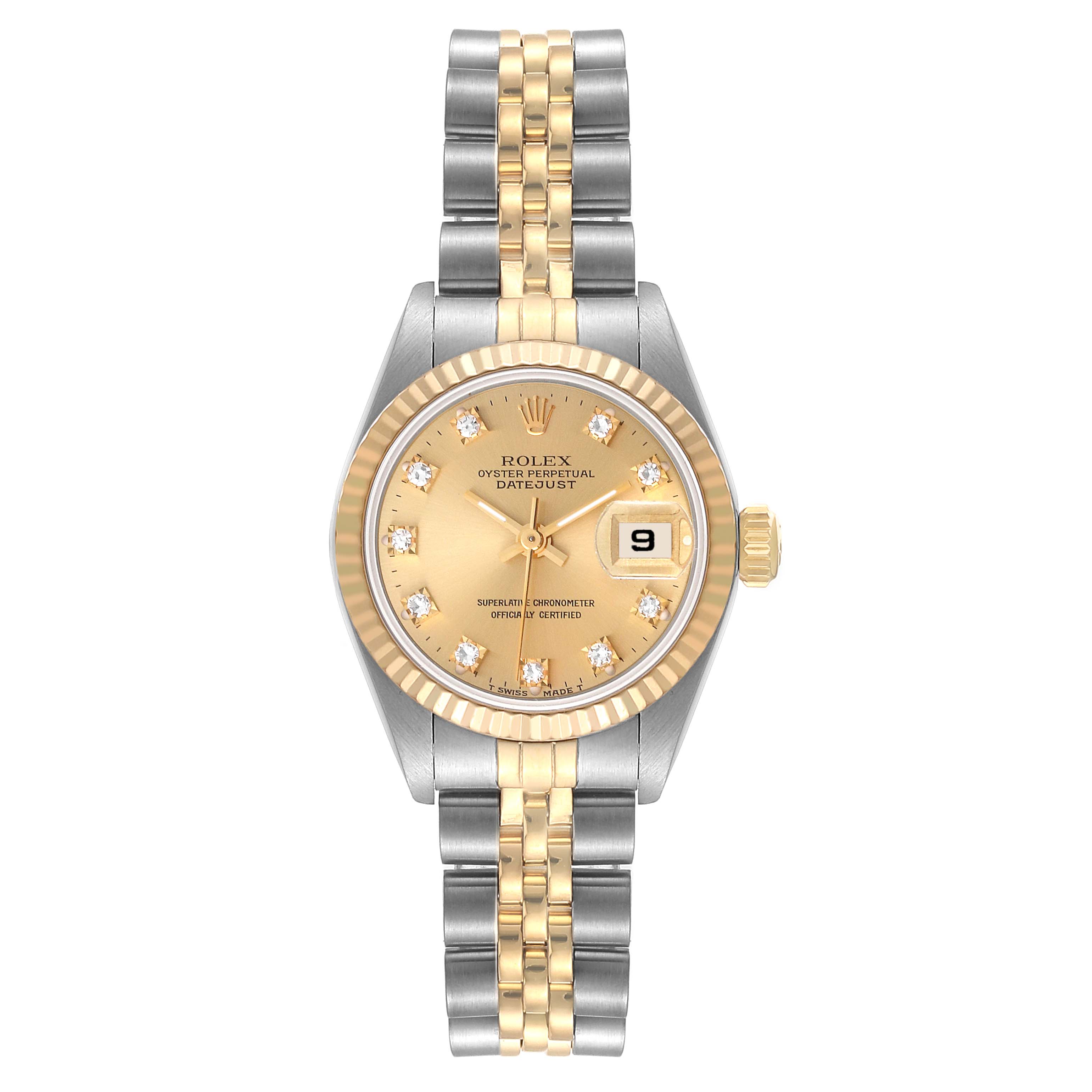 The image shows a Rolex Datejust 69173 Women's Steel and Gold (two tone) Champagne Dial 69173 Women's Steel and Gold (two tone) Champagne Dial watch from the front, highlighting the dial, bezel, and bracelet.