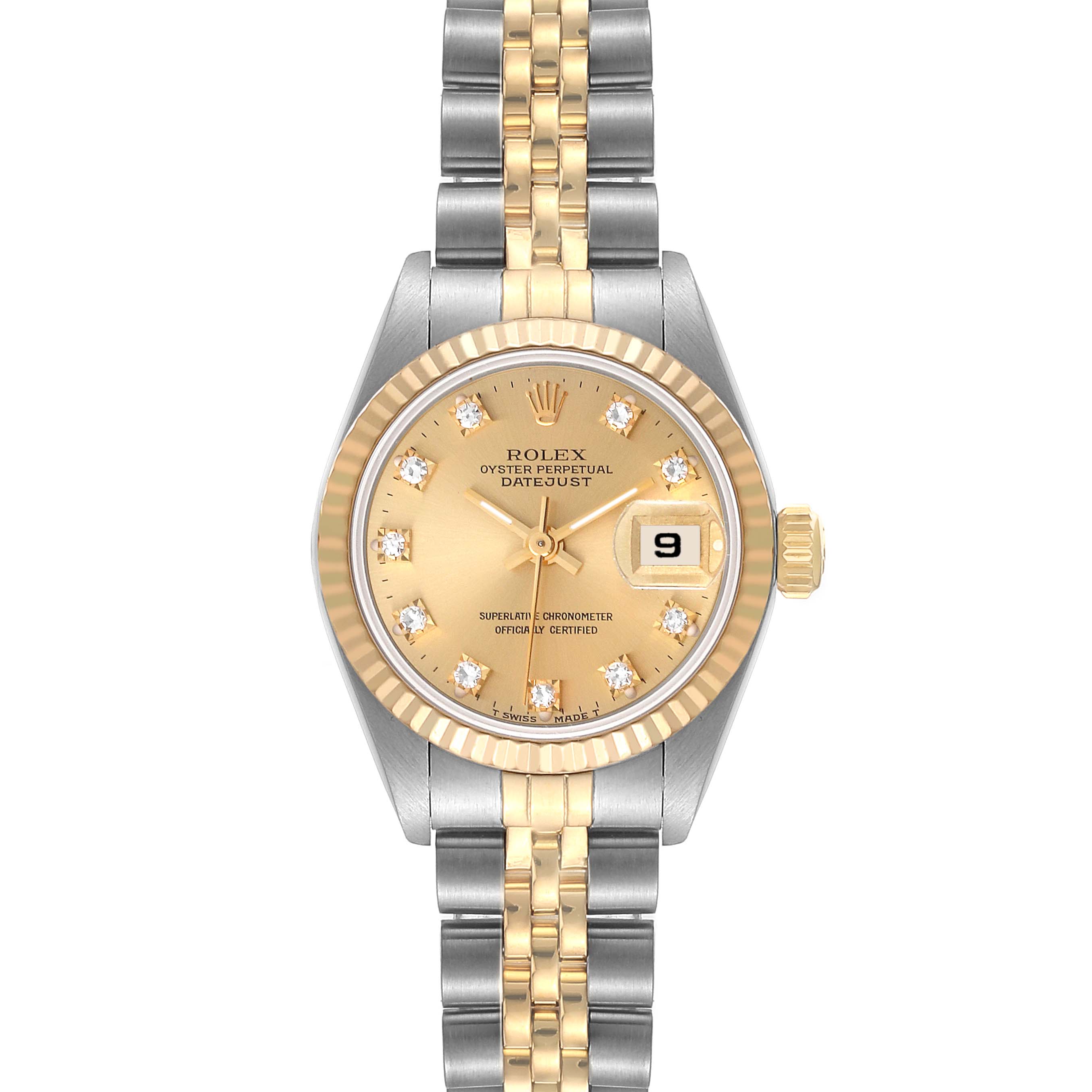 The image shows a front view of a Rolex Datejust 69173 Women's Steel and Gold (two tone) Champagne Dial 69173 Women's Steel and Gold (two tone) Champagne Dial watch with a gold dial, diamond hour markers, and a two-tone bracelet.